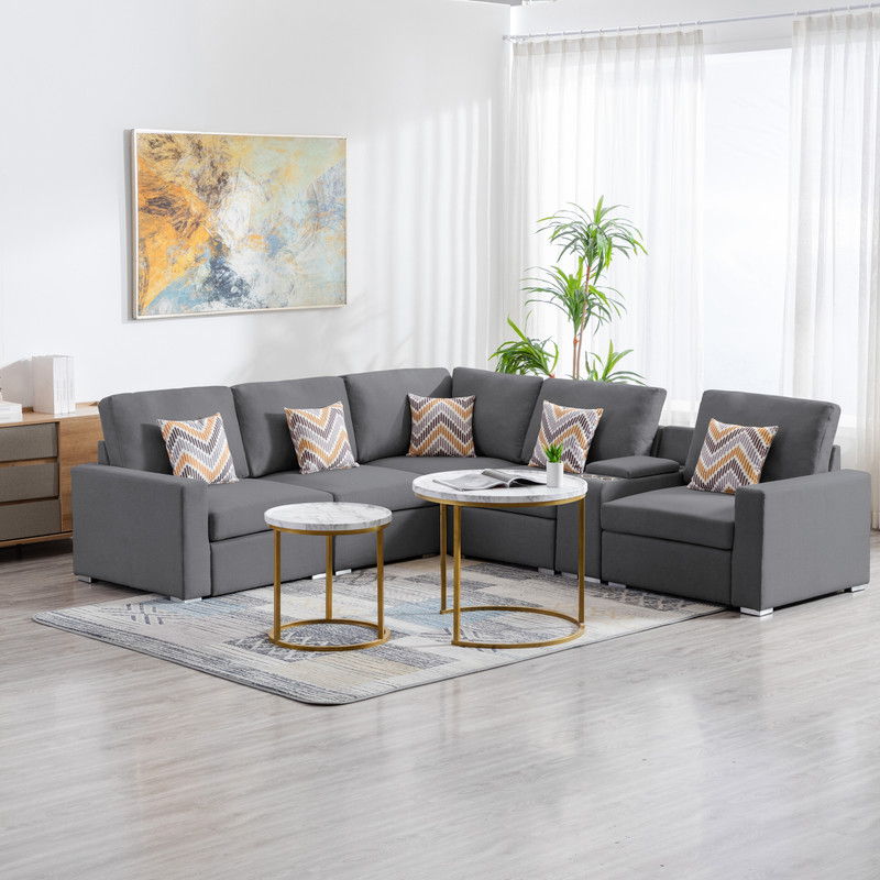 Nolan 106"W Gray Linen Fabric 6Pc Reversible Sectional Sofa with a USB, Charging Ports, Cupholders, Storage Console Table and Pillows and Interchangeable Legs