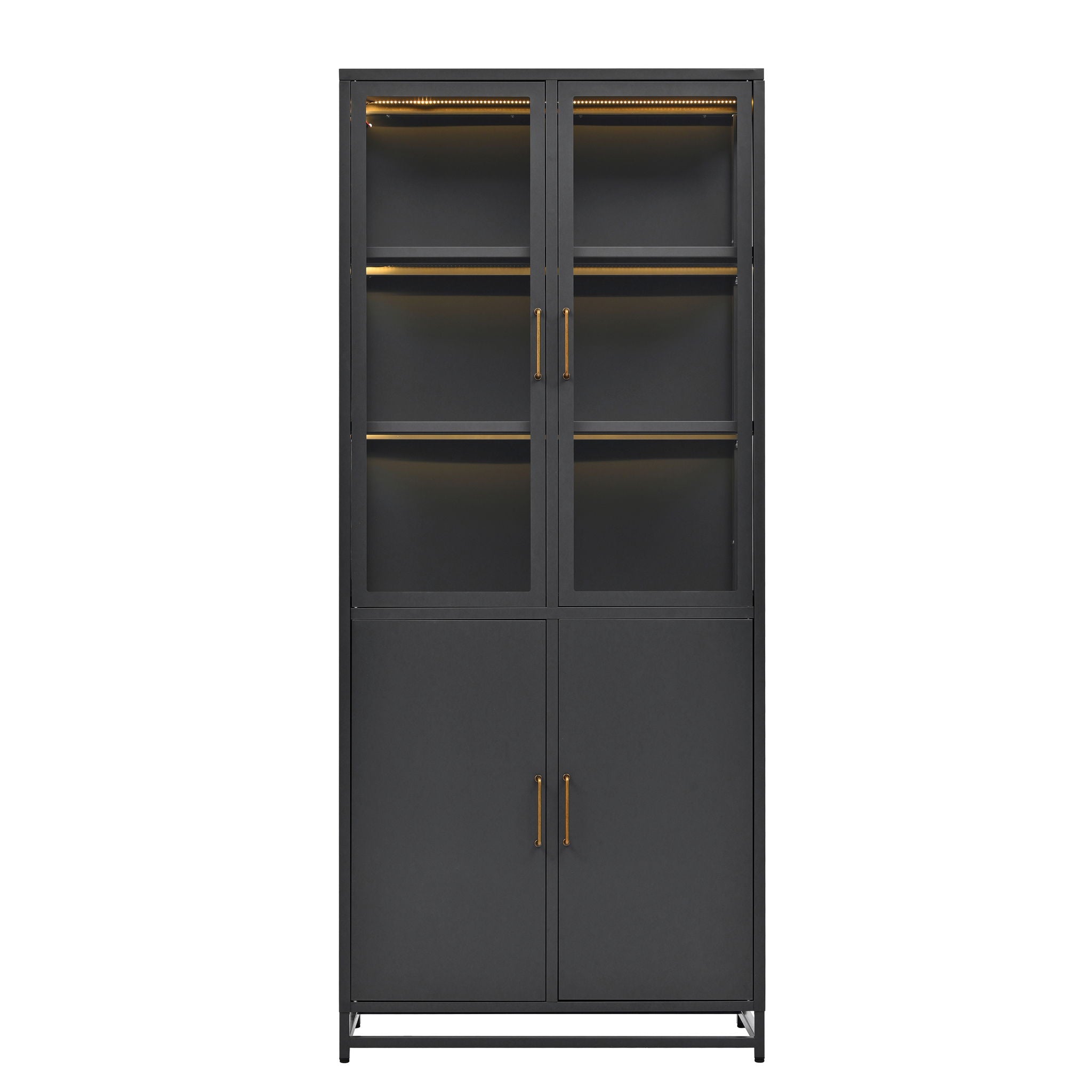 Modern Style Tall Steel Display Cabinet With Double Glass Doors, LED Lights