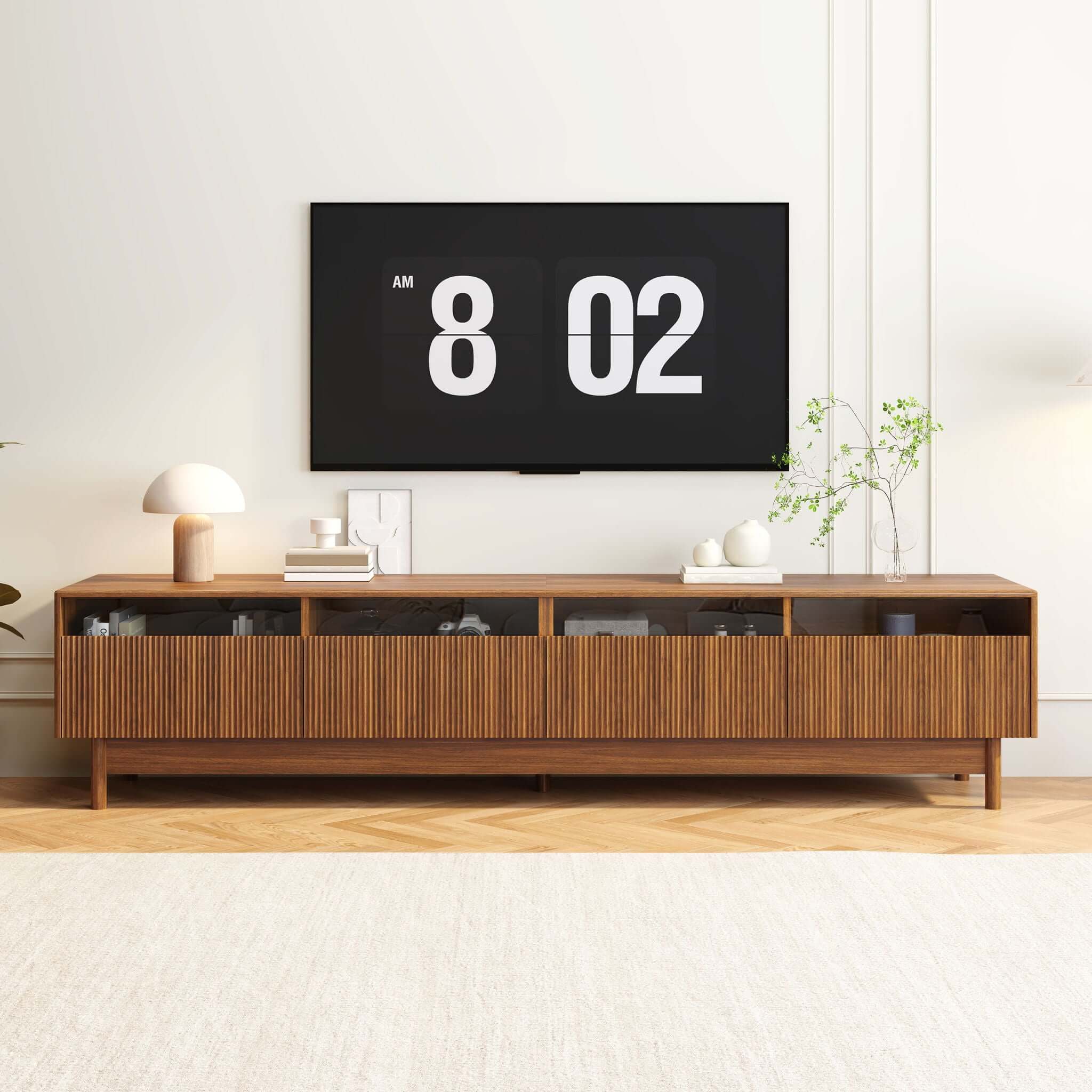 TV Stand, Entertainment Center With Fluted Drawers For Living Room - Walnut