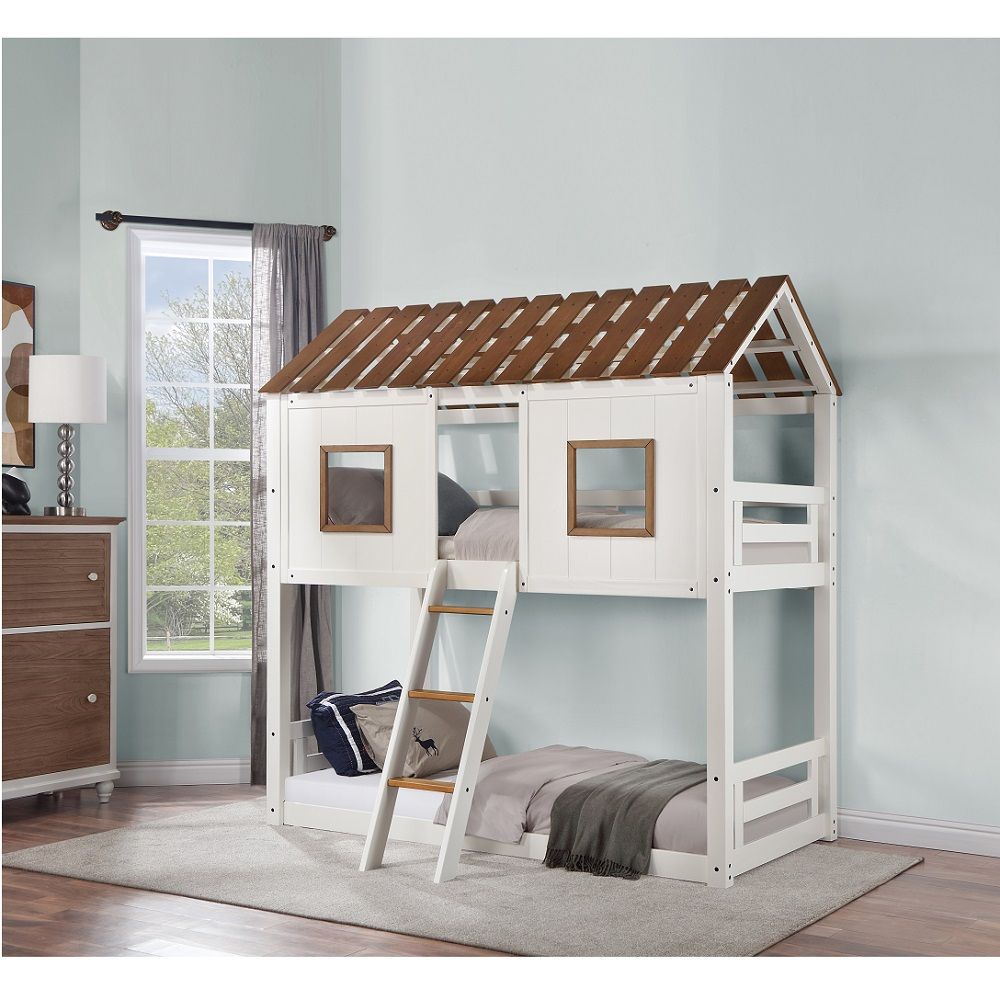 ACME Inara - Twin Over Twin Bunk Bed - White & Rustic Oak | Meri Furniture