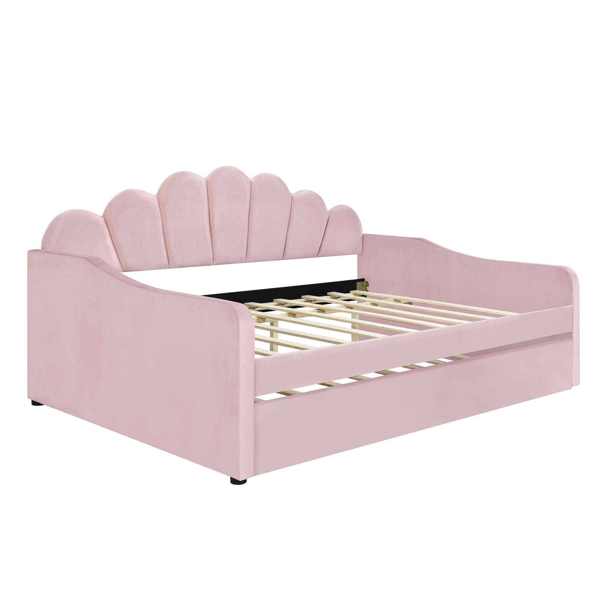 Upholstery Daybed Frame With Shell Shaped Backrest And Trundle
