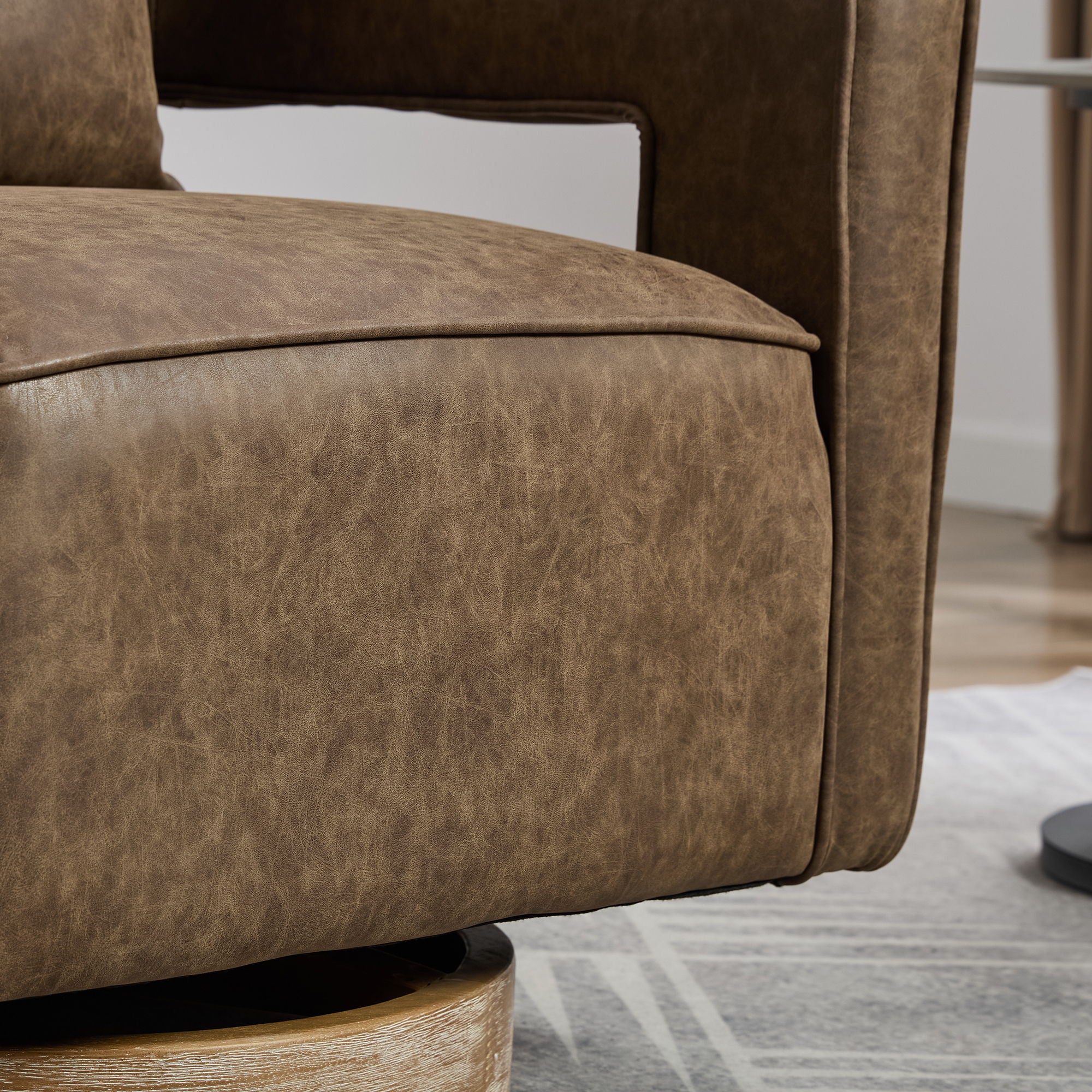 Swivel Accent Open Back Barrel Chair With Weathered Base