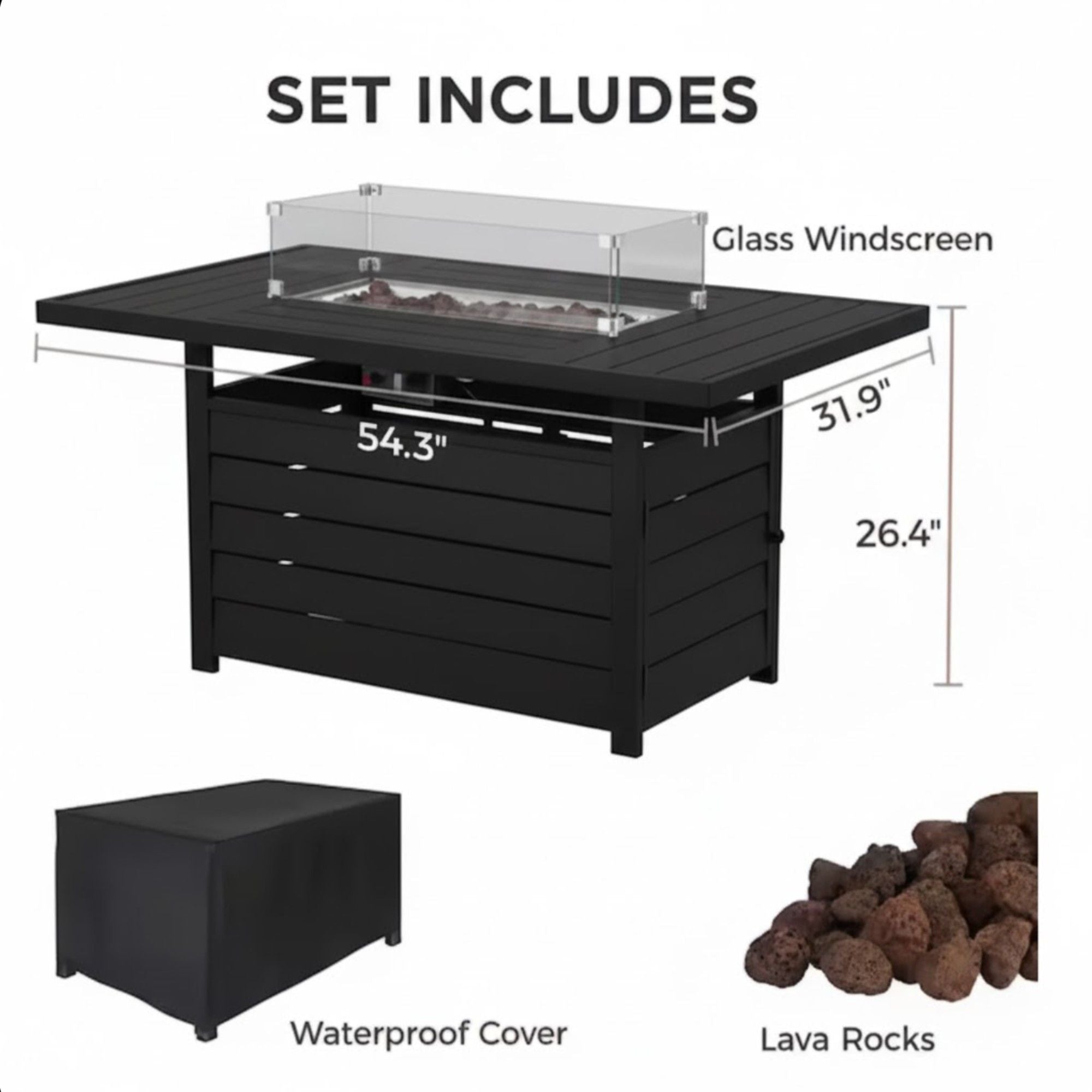Rectangular Propane Fire Pit Table With Burner, Lava Rock, Waterproof Cover