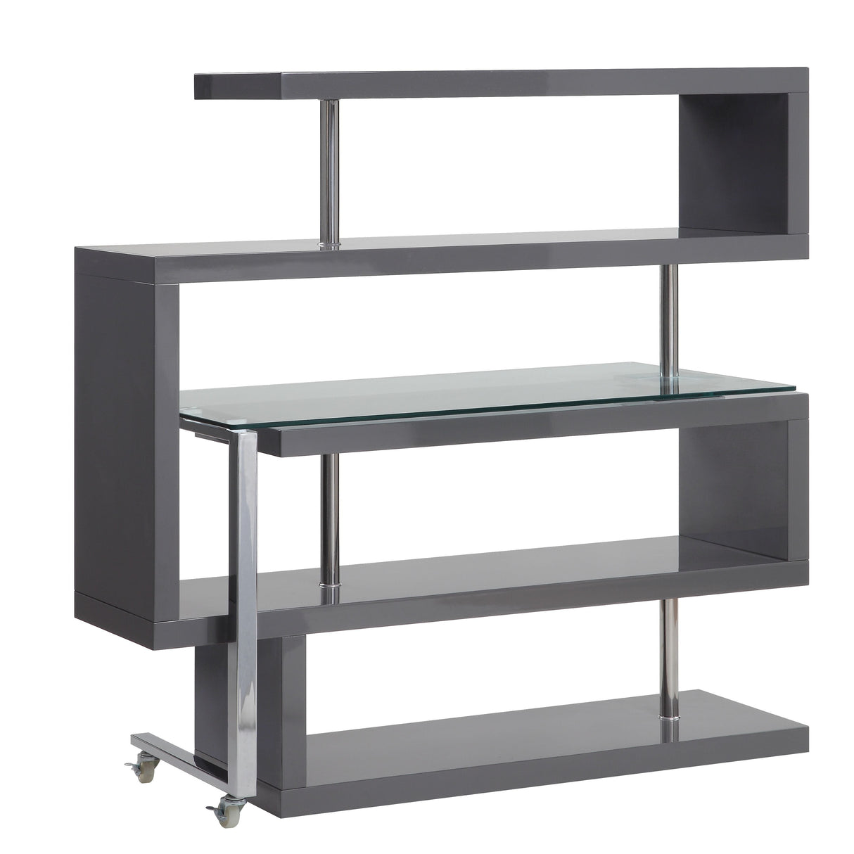 Writing Desk w/Swivel Function 360 Open Storage: 4 Shelves Clear Glass Desk Top High Gloss Finish 2 Wheels Included