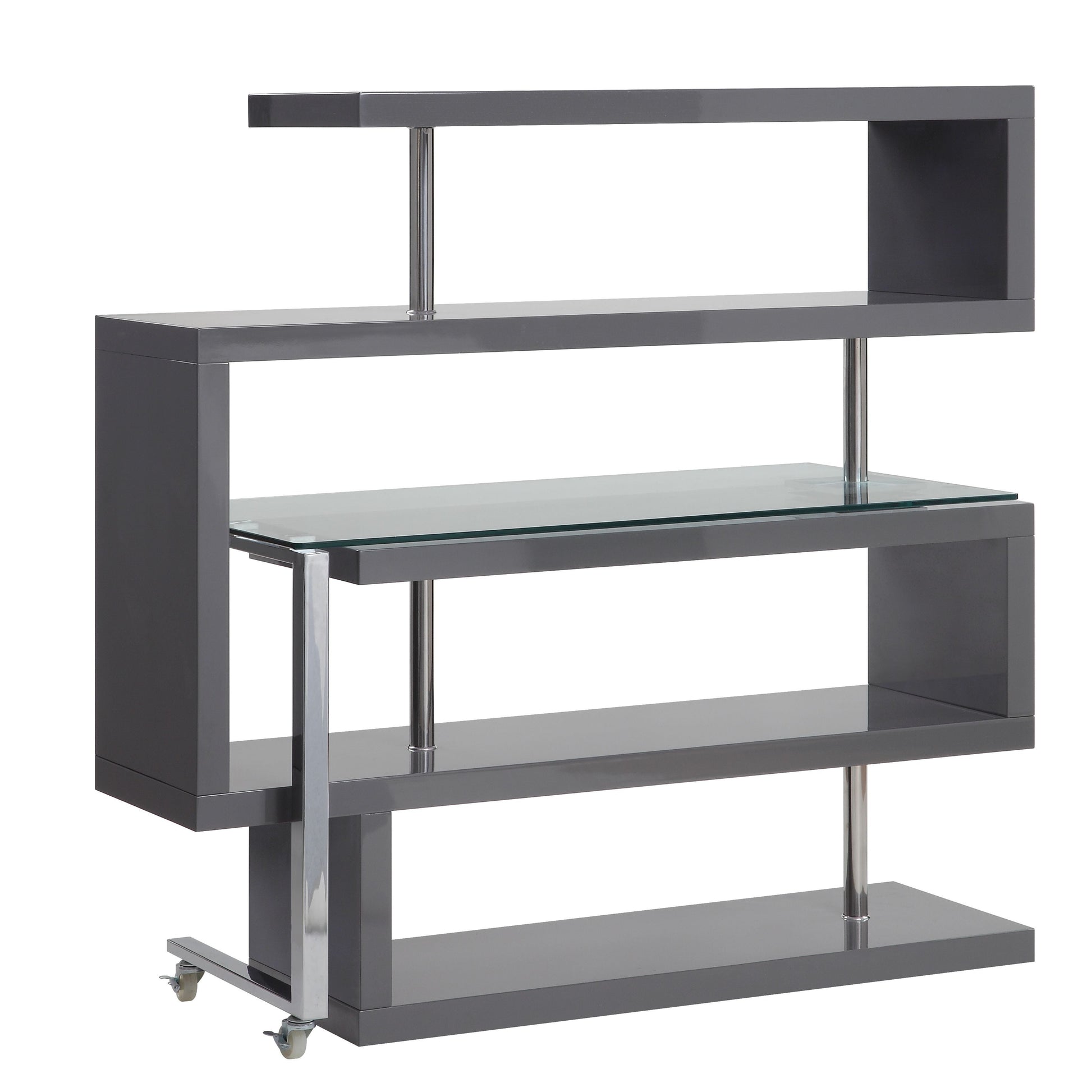 ACME Writing Desk w/Swivel Function 360 Open Storage: 4 Shelves Clear Glass Desk Top High Gloss Finish 2 Wheels Included | Meri Furniture