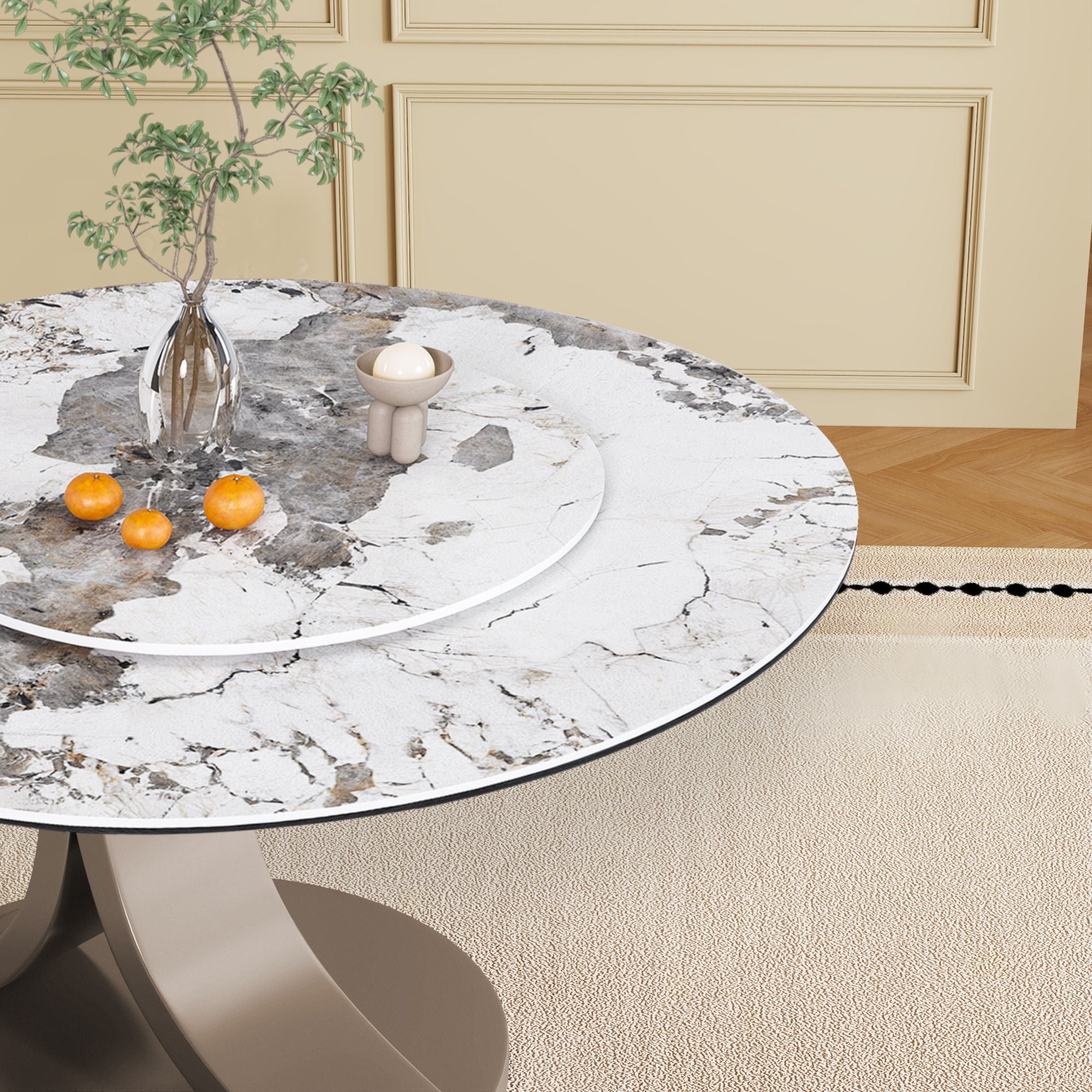 Round Dining Table With 360° Rotating Lazy Susan Scratch & Heat - Dark Purple / White