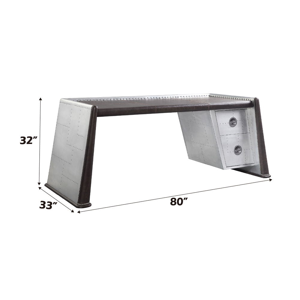 Brancaster - Executive Writing Desk - Distress Chocolate Top Grain Leather & Aluminum