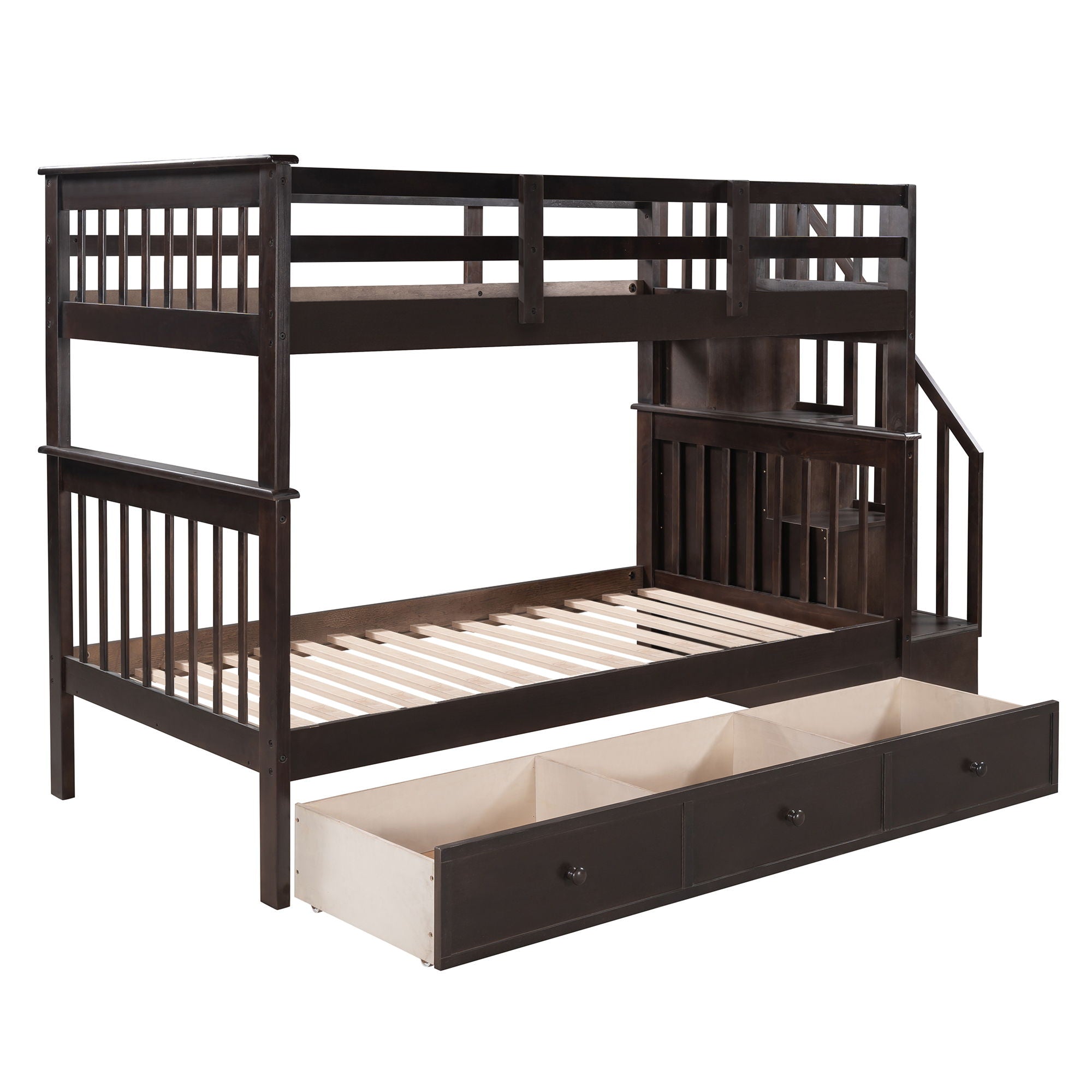 Stairway Bunk Bed With Storage And Guard Rail For Bedroom