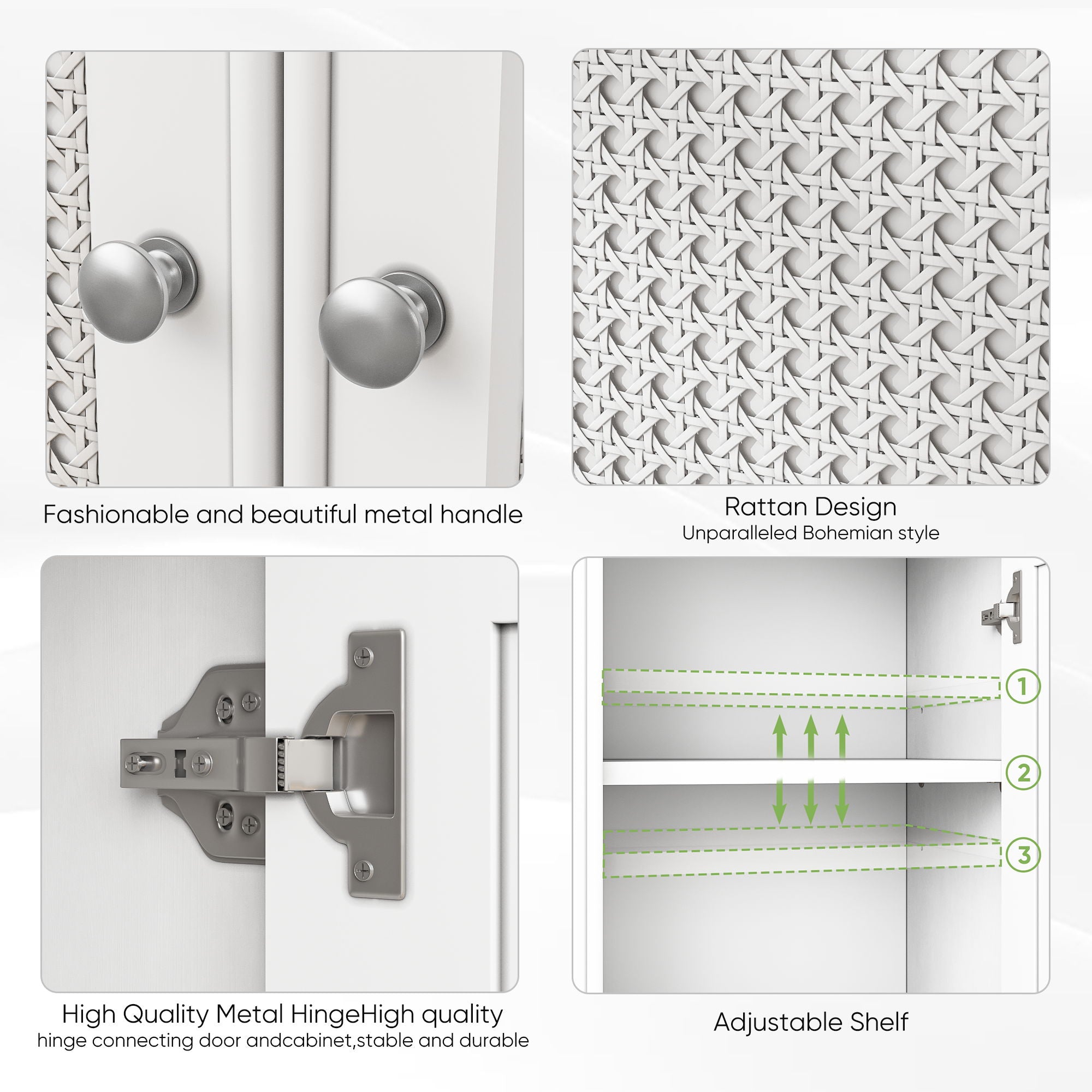 White 2 Door Rattan Storage Cabinet With Adjustable Partition, Medieval Modern Independent Buffet Cabinet, Multifunctional Decorative Cabinet Suitable For Living Room, Kitchen, Bathroom - White