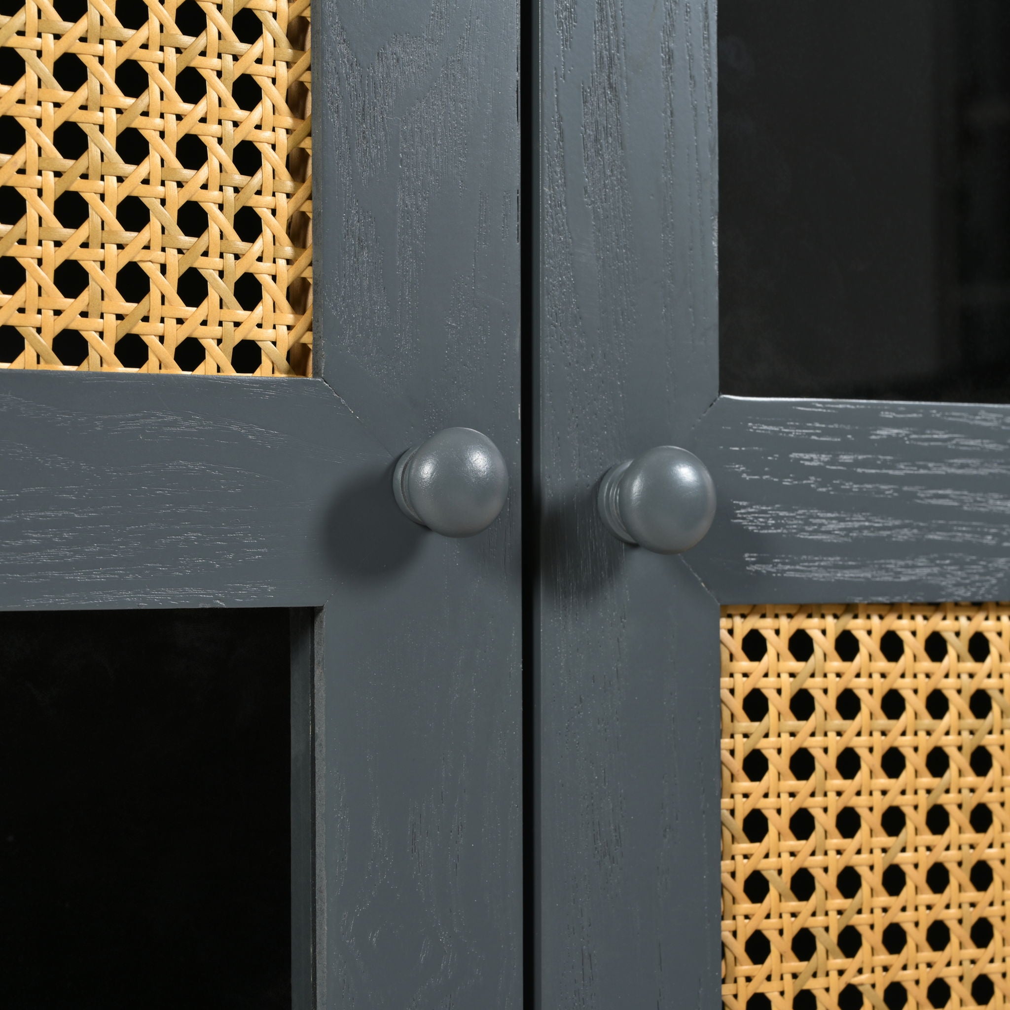 Retro Industrial 4 Door Sideboard With Large Storage, Rattan And Glass Doors