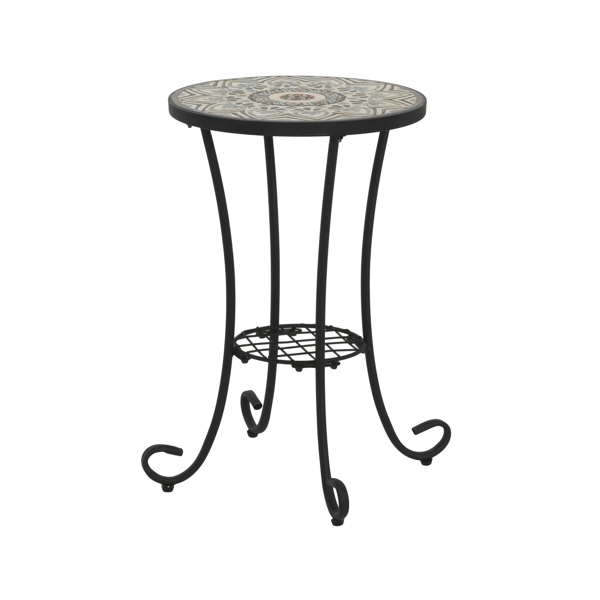 Ceramic Tile And Iron Patio Side Table With Shelf