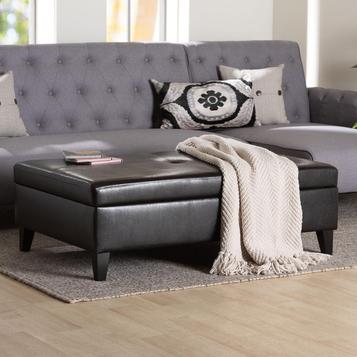 Dark Brown Faux Leather Storage Cocktail Ottoman