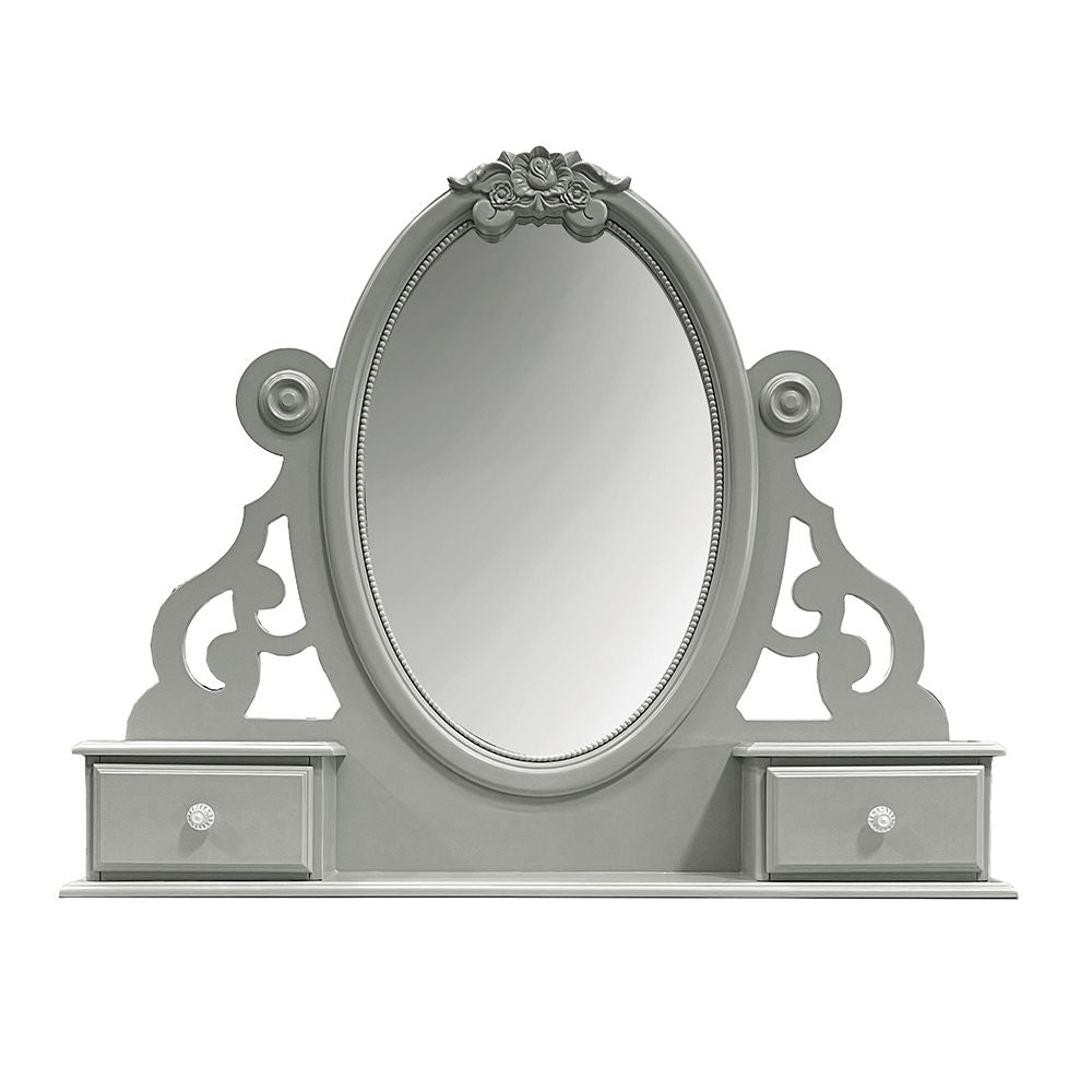 Jewelry Mirror without beveled with 2 Drawer: Wooden Center Drawer Glide, Dovetail Included, Felt-Lined Top Drawer, Hardware: Crystal like Knob