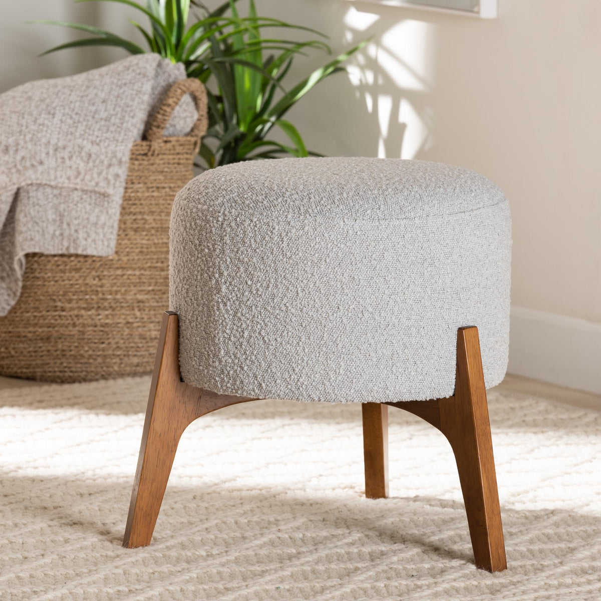 Elkie Japandi Light Grey Boucle Fabric and Walnut Brown Finished Wood Ottoman Footstool