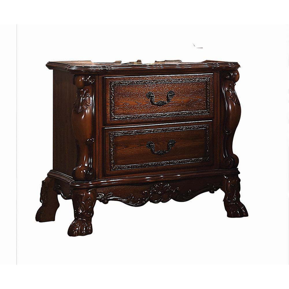 The Dresden Nightstand offers beautiful craftsmanship and artistic carvings. It features solid hardwood with two drawers for storage with coordinating carvings. The drawers feature dove tail construction and are decorated with antique brass hardware.