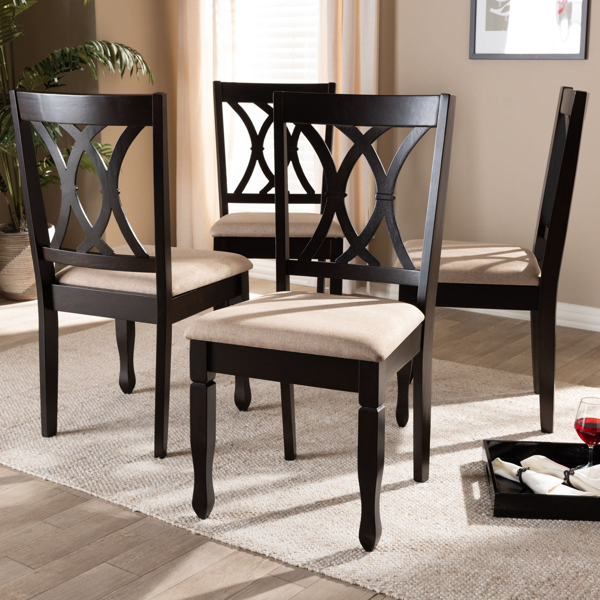Reneau Modern and Contemporary Sand Fabric Upholstered Espresso Brown Finished Wood Dining Chair Set of 4