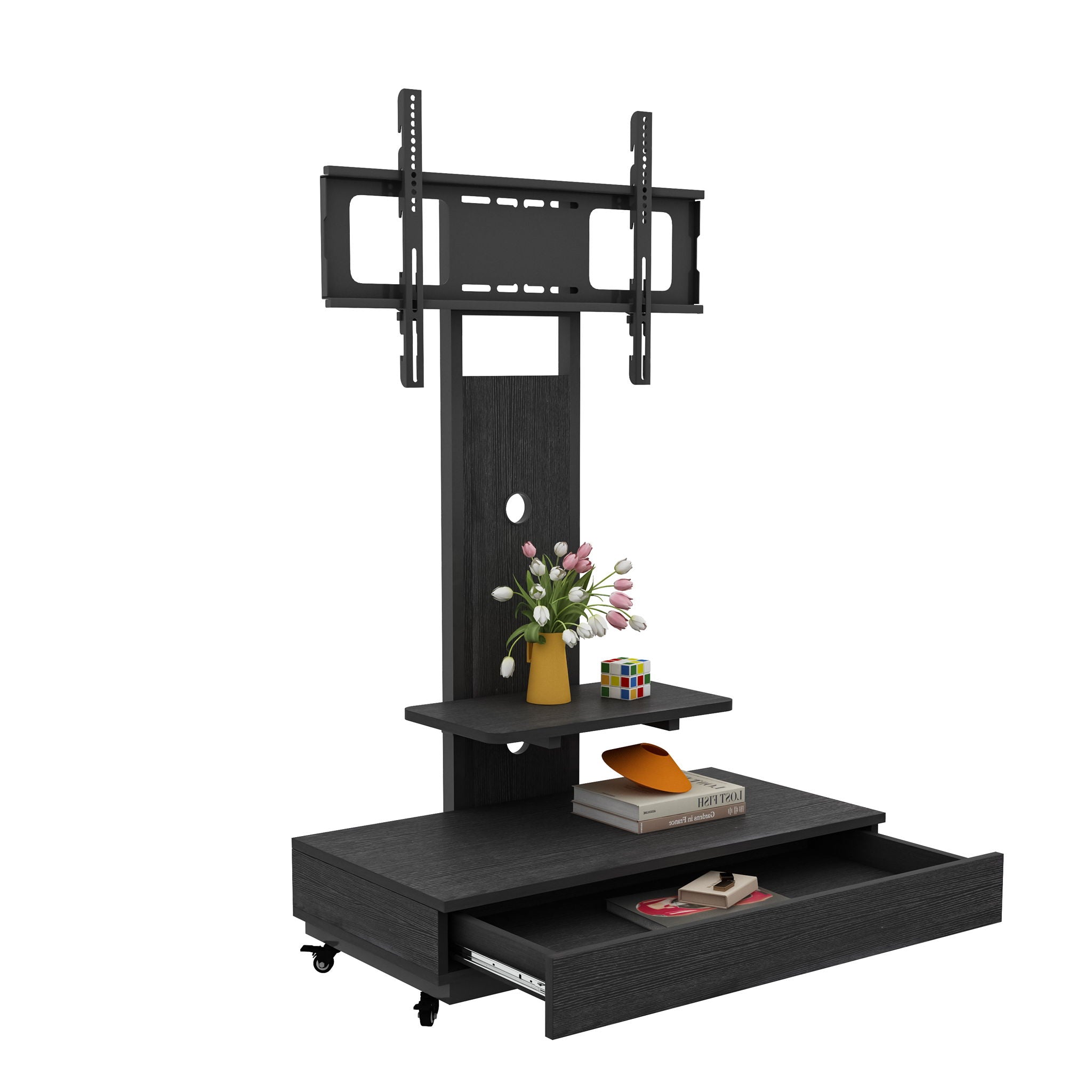 Mobile TV Cart With Push Pull Drawer, Lockable Wheels