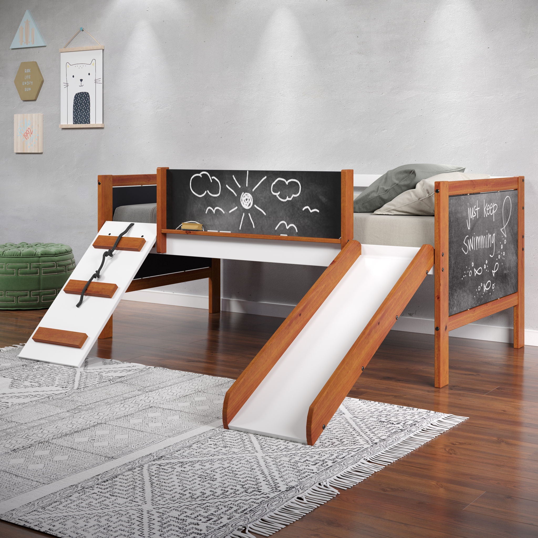 Aurea - Twin Loft Bed With Slide Slats Ststem Included - Cherry Oak / White