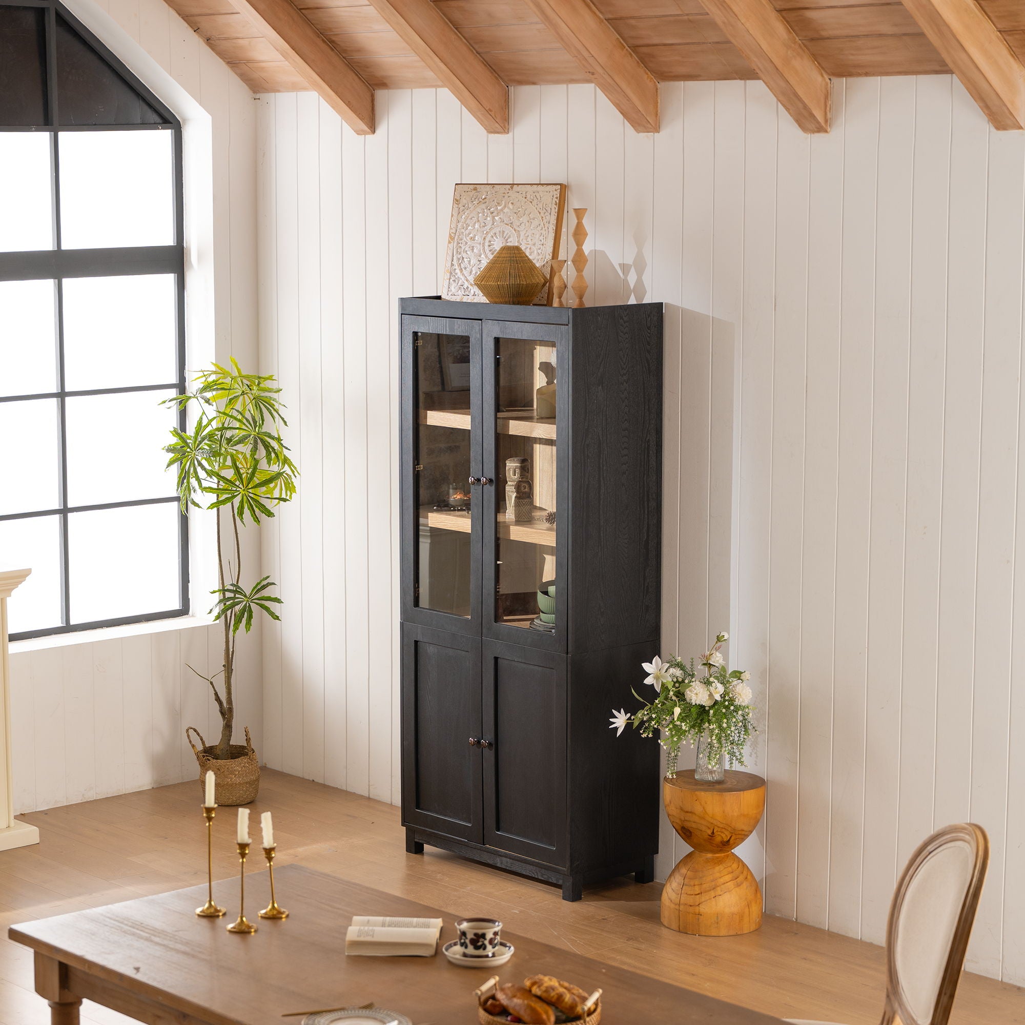 Mid Century Modern Style Tall Display Cabinet With Glass Doors For Collectibles - Black