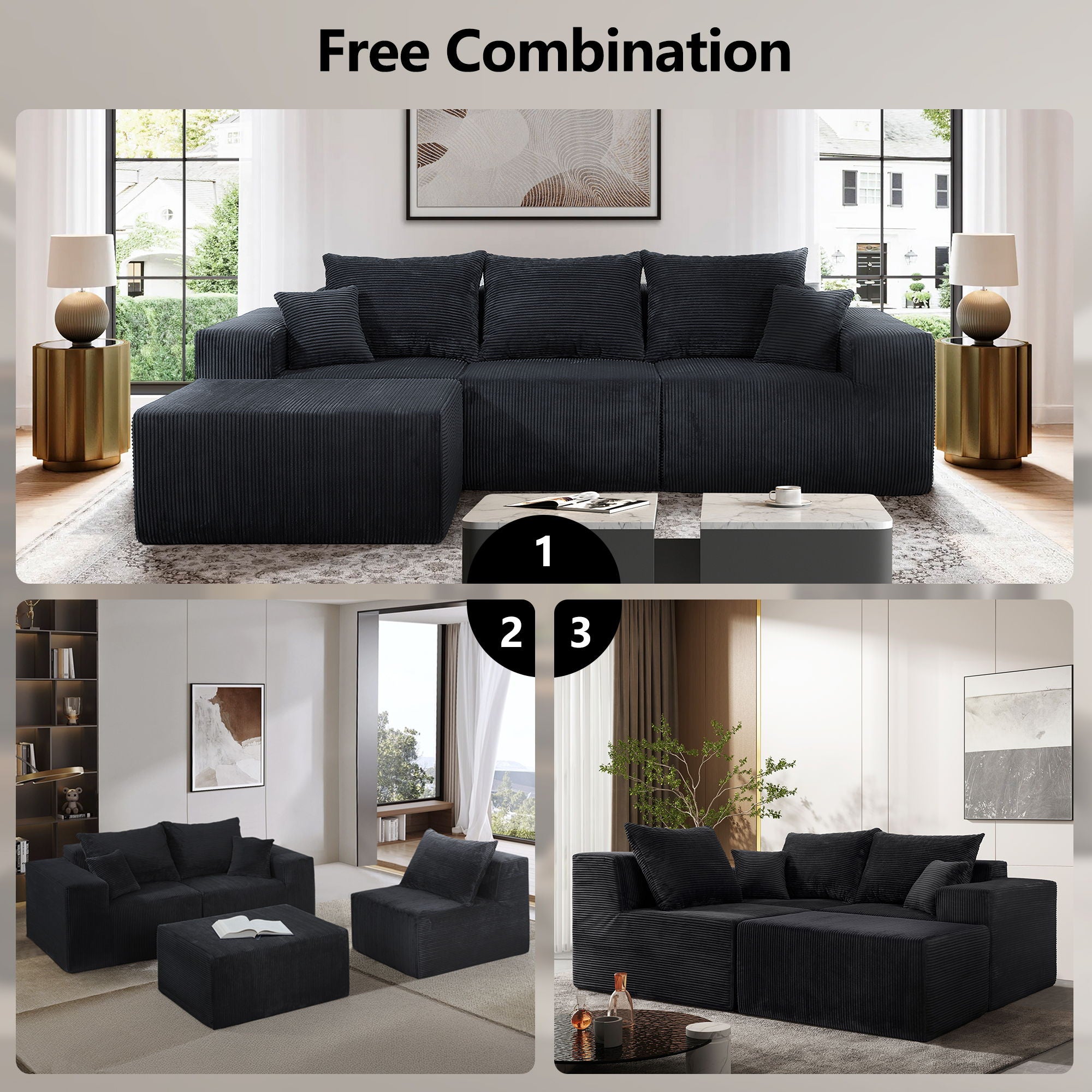 Modular Sectional Sofa, Convertible Couch With Chaise Corduroy