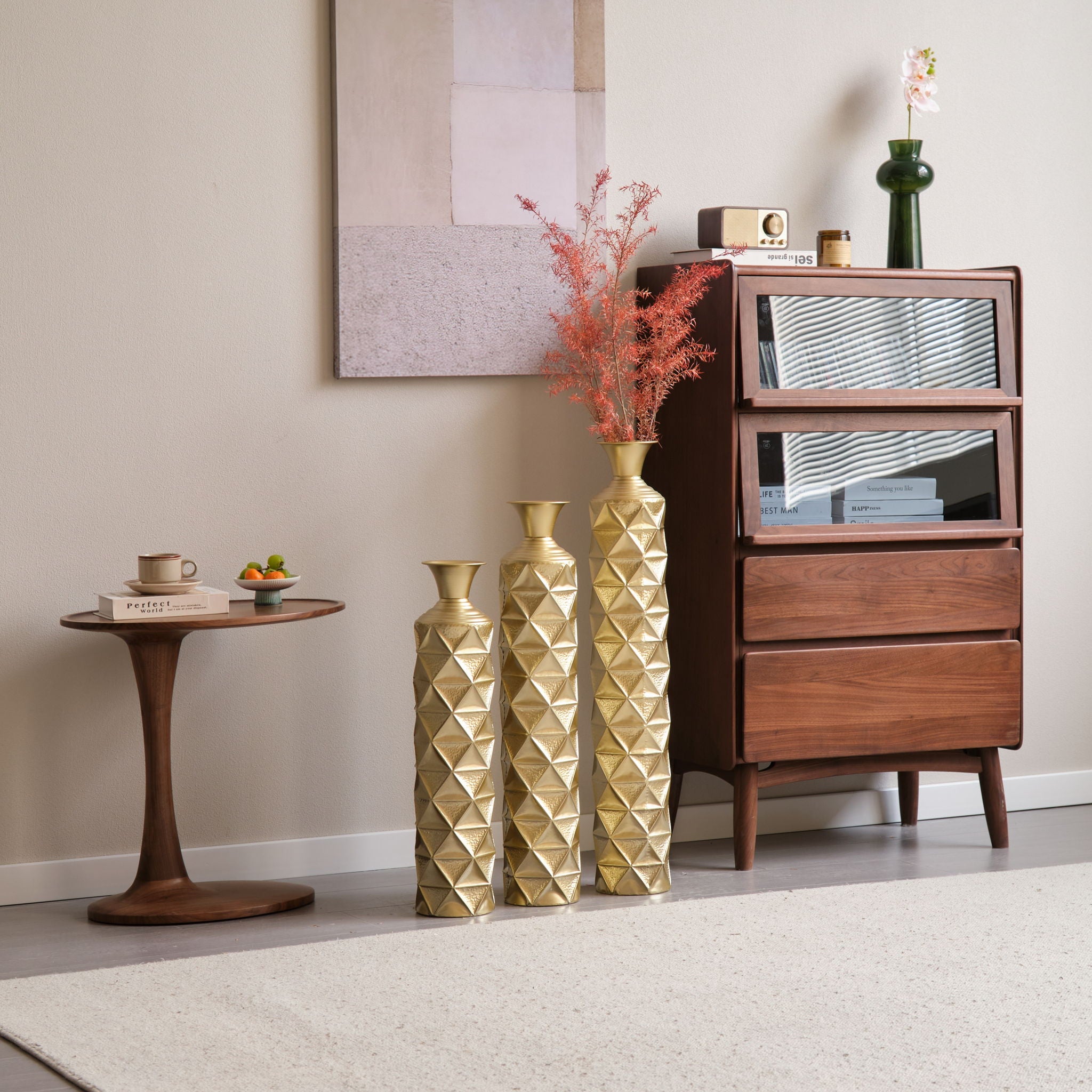 Metal Decorative Vase High Distress Metal Center Vase With 3D Triangle Pattern, (Set of 3) Vases For Home Decoration - Gold