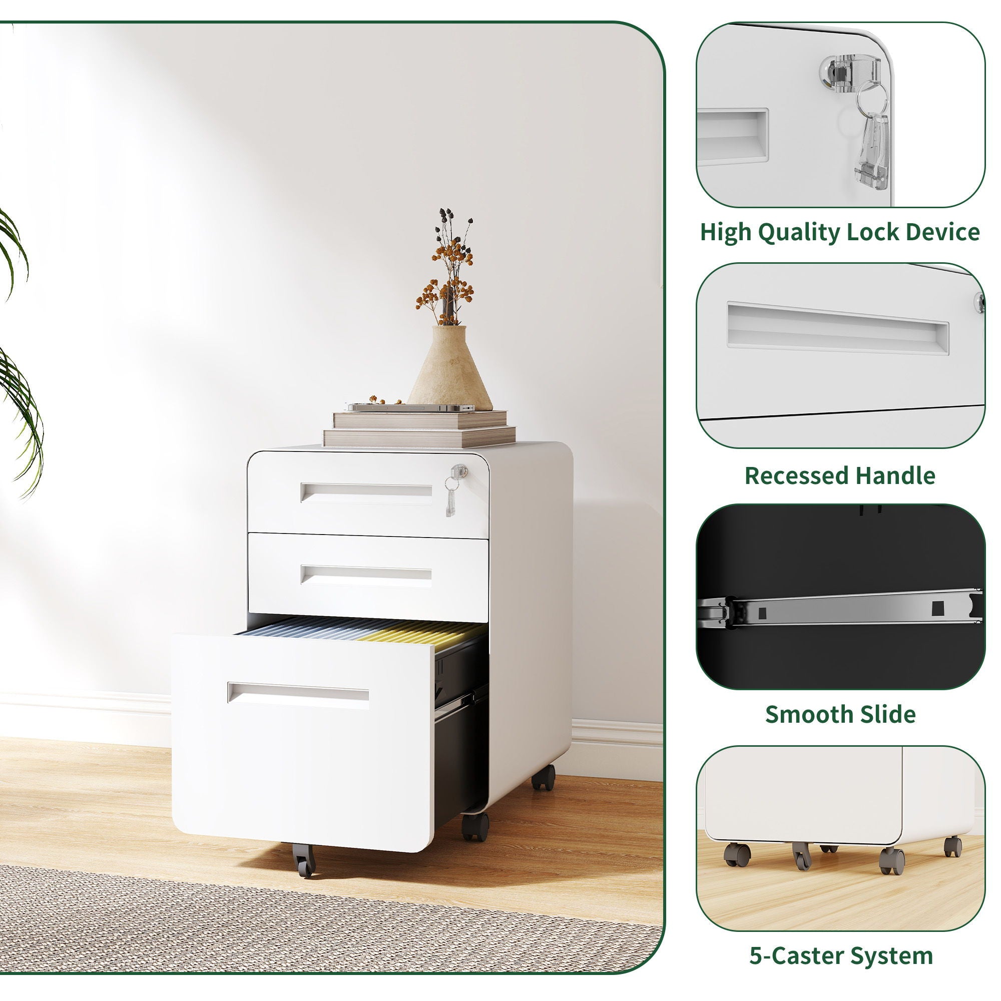 3-Drawer Mobile File Cabinet With Lock, On Casters, Holds A4/Letter Files