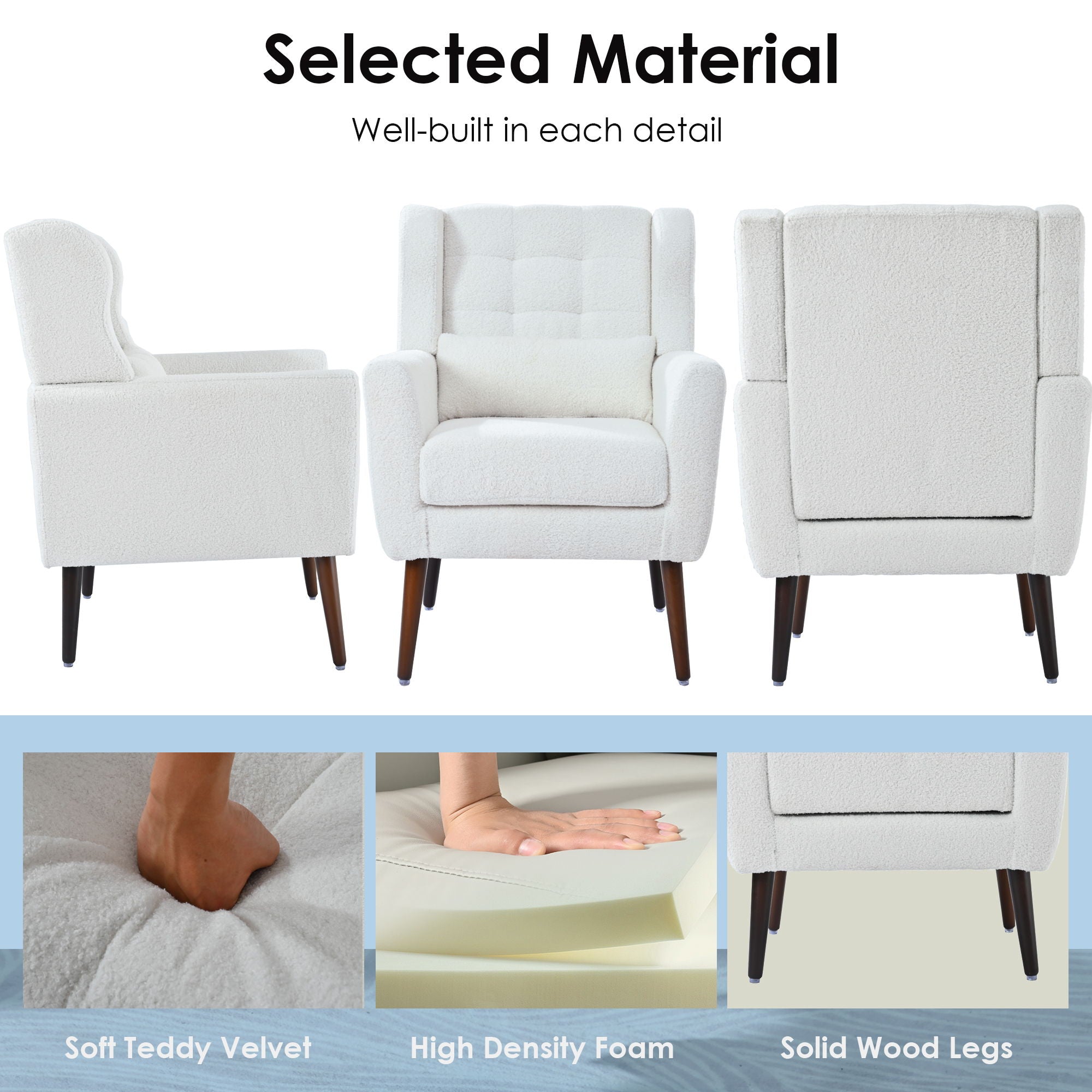 Modern Accent Chair, Chenille Arm Chairs For Living Room, Upholstered Mordern Armchair, Comfy Soft Padded Lounge Chair In Small Space, Bedroom, With Pillow, Solid Wood Leg