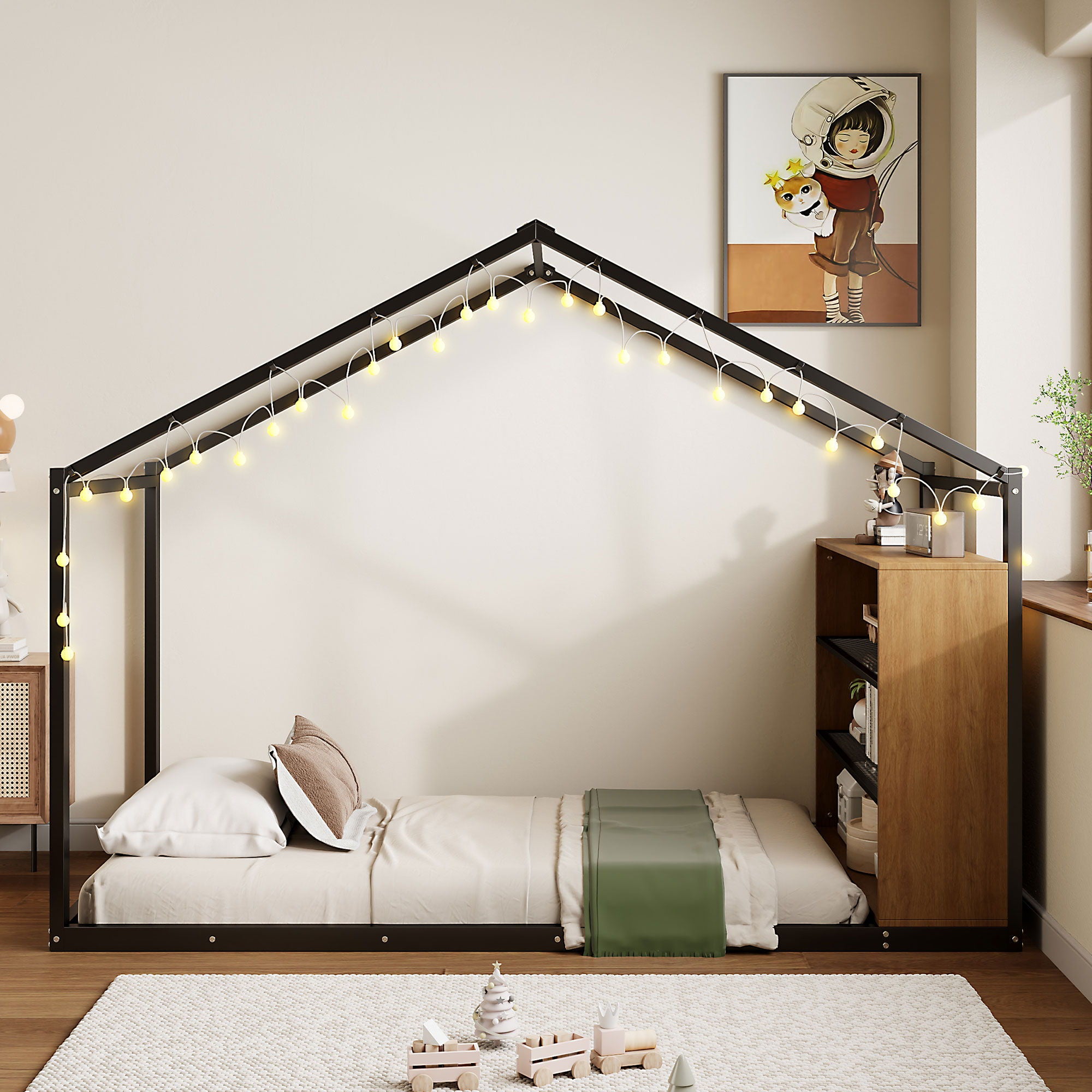 Bed House Frame With Shelves And Lights