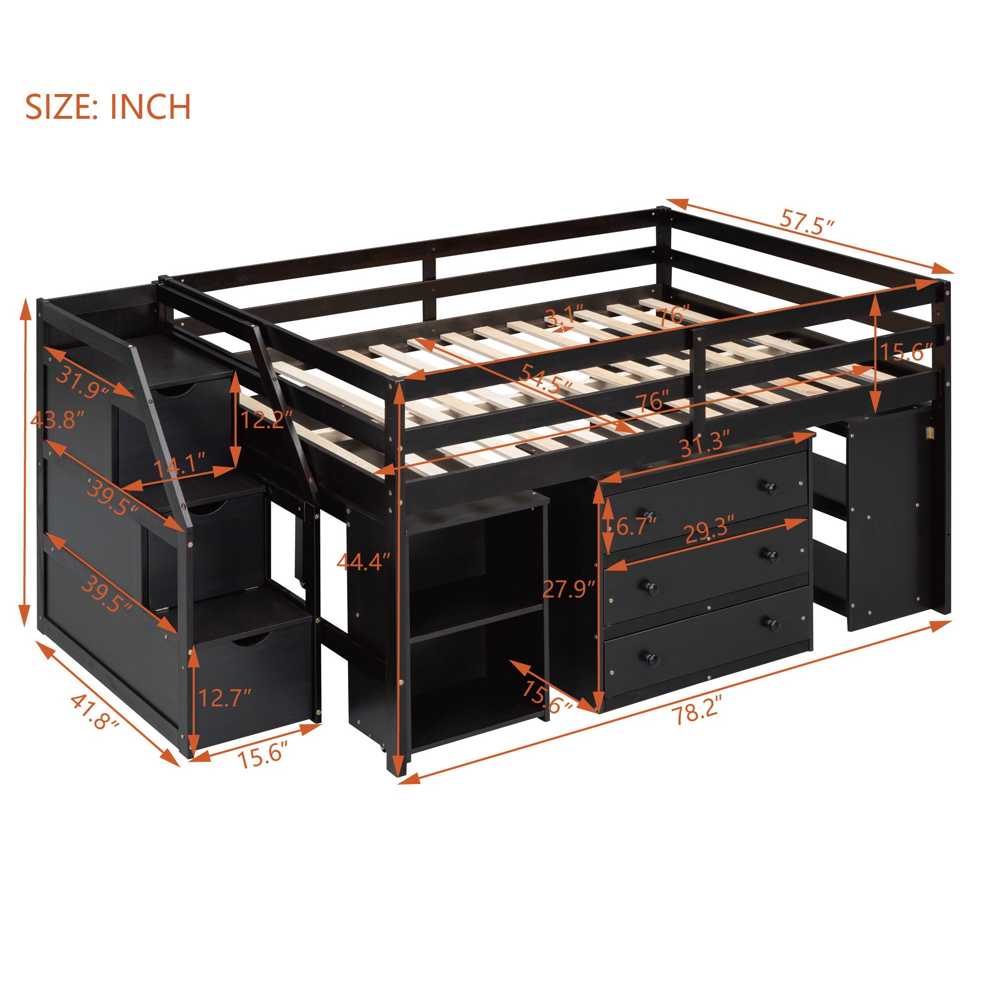 Loft Bed With Retractable Writing Desk And 3 Drawers With Storage Stairs And Shelves