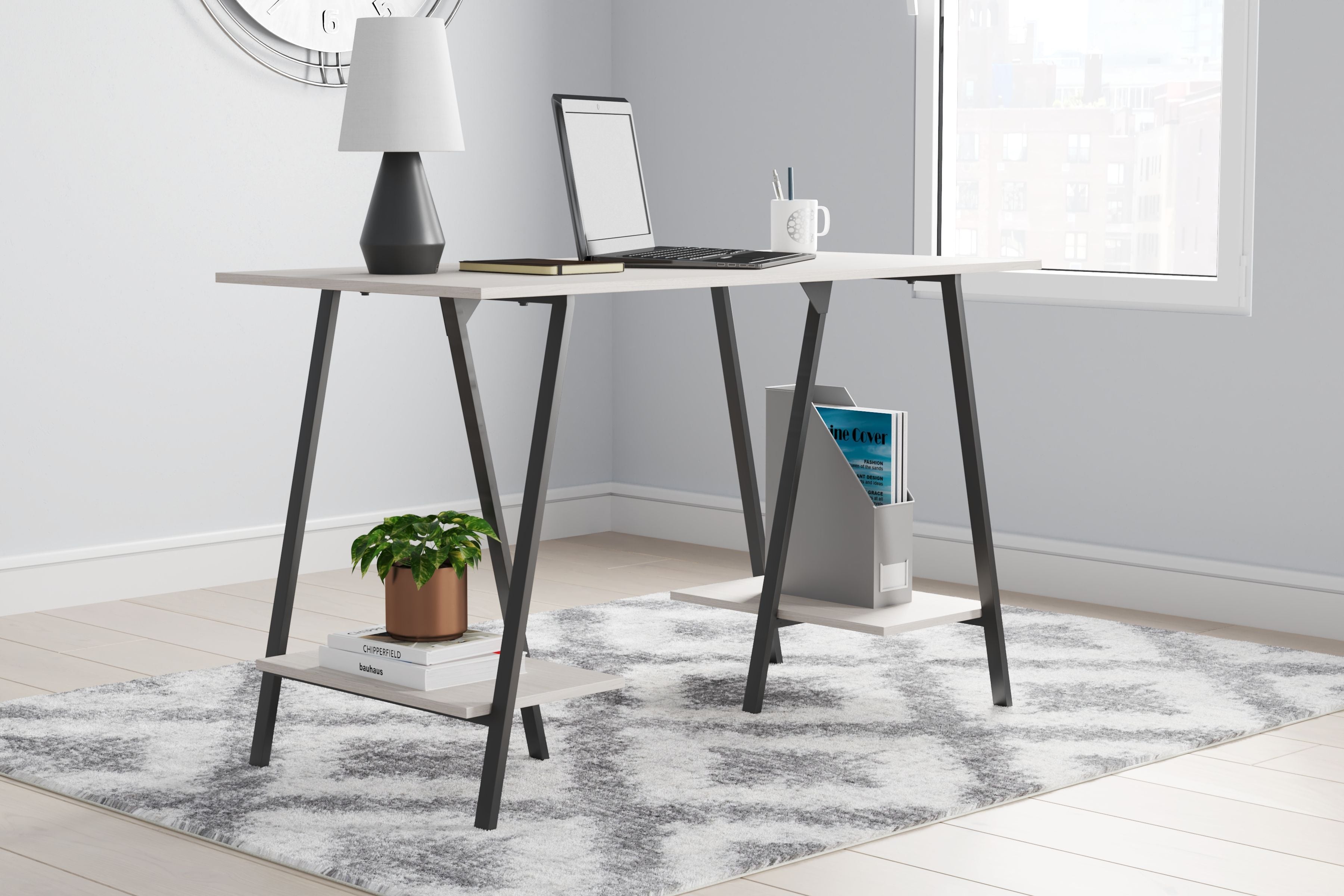 Signature Design by Ashley® Bayflynn - White / Black - Home Office Desk - 2 Fixed Shelves | Meri Furniture