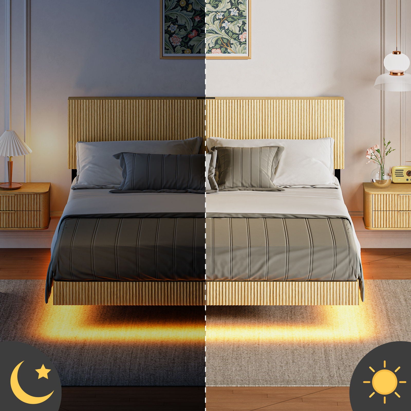 Floating Bedstead With Charging Station And LED Lights