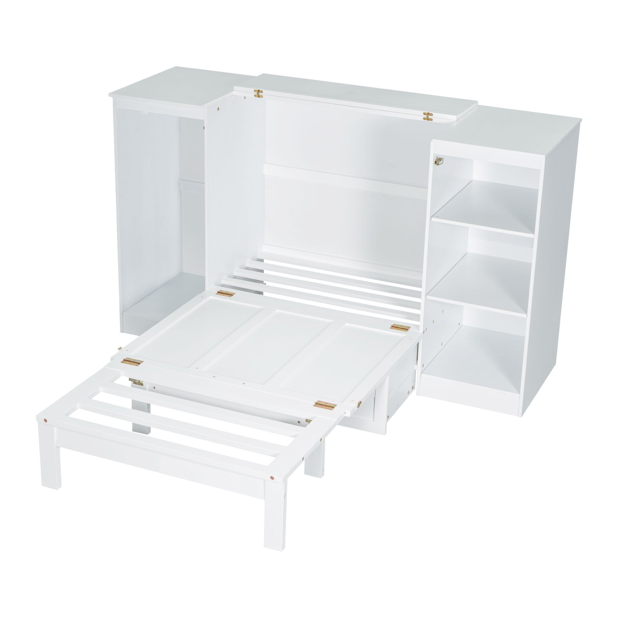 Twin Size Murphy Bed With Bedside Shelves And Wardrobe - White