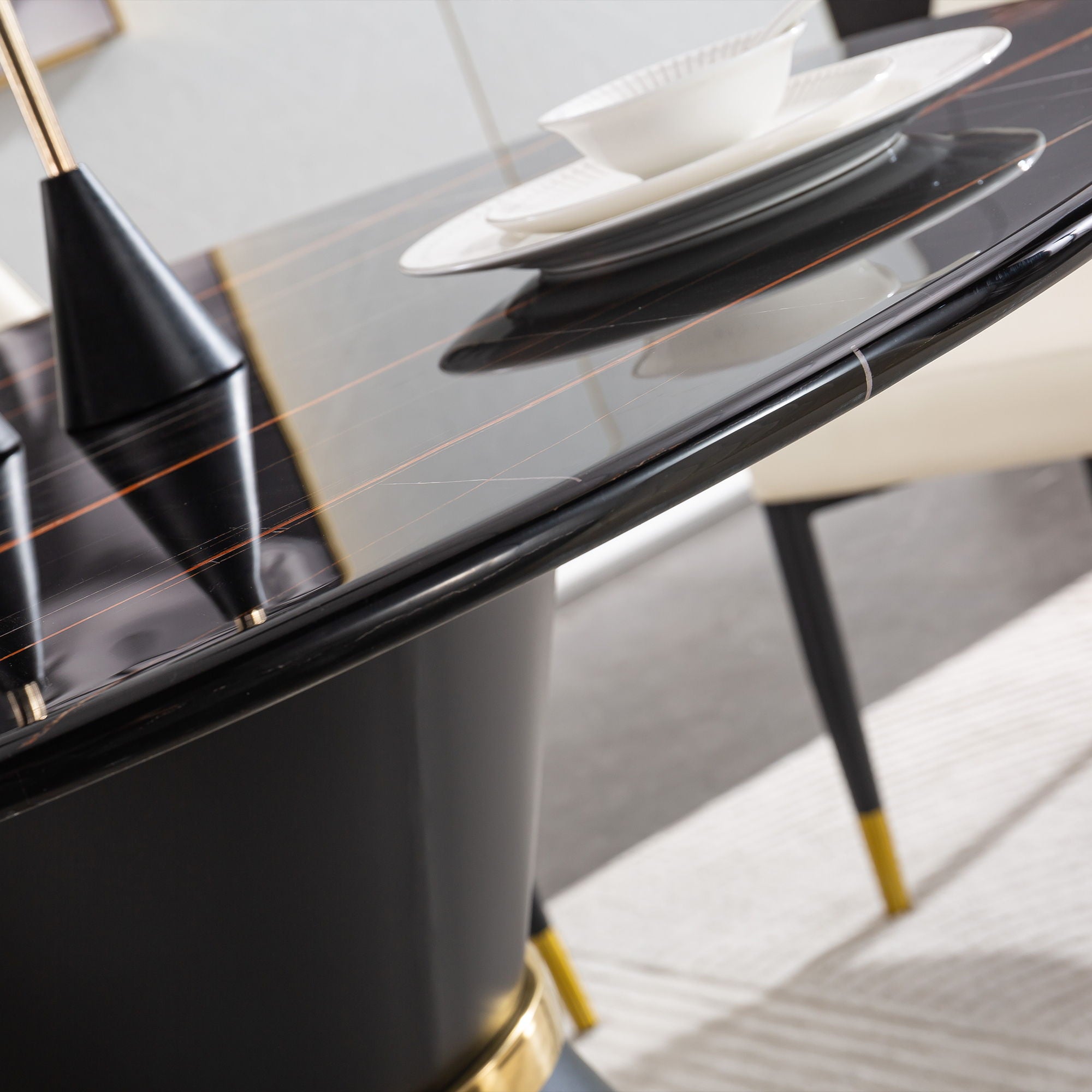 Marble Printed Round Dining Table - Black Columnar Base With Gold Annulus Not Including Chairs - Black
