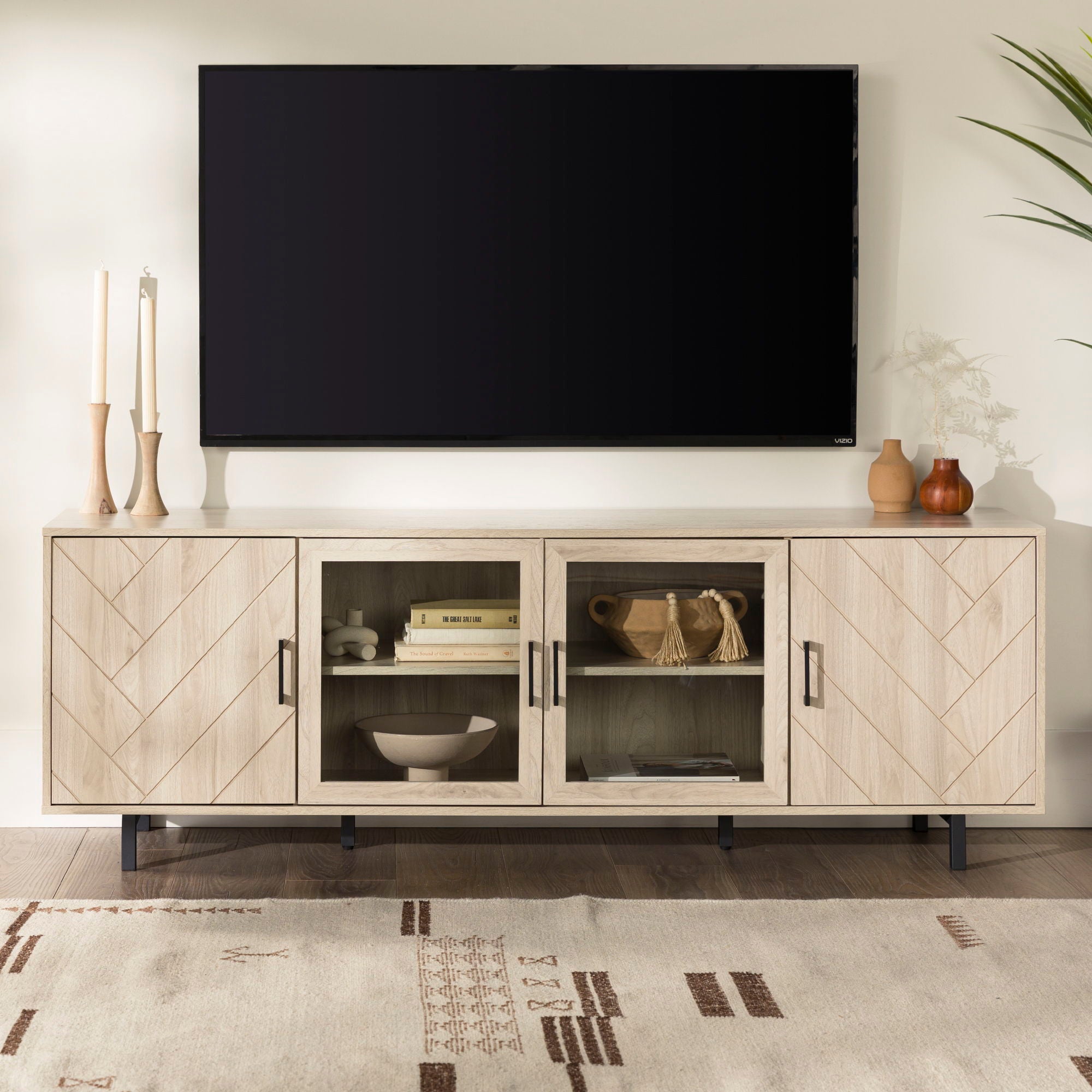 Modern Scandinavian 4 Door Herringbone 70" TV Stand For TVs Up To 80"