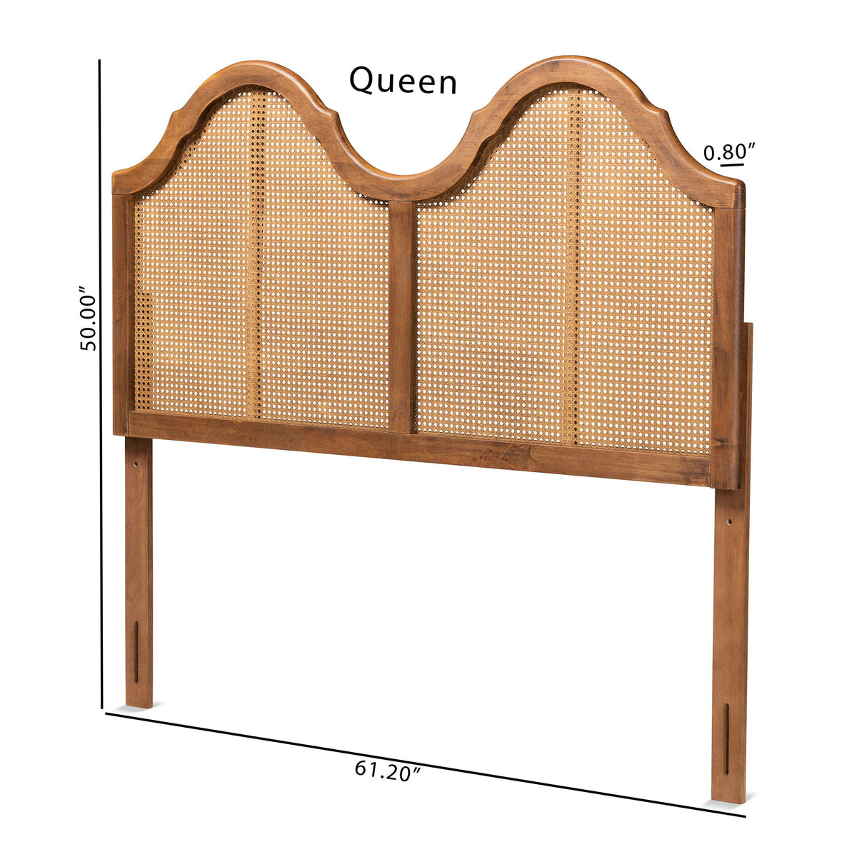Hazel Vintage Classic and Traditional Ash Walnut Finished Wood and Synthetic Rattan Queen Size Arched Headboard