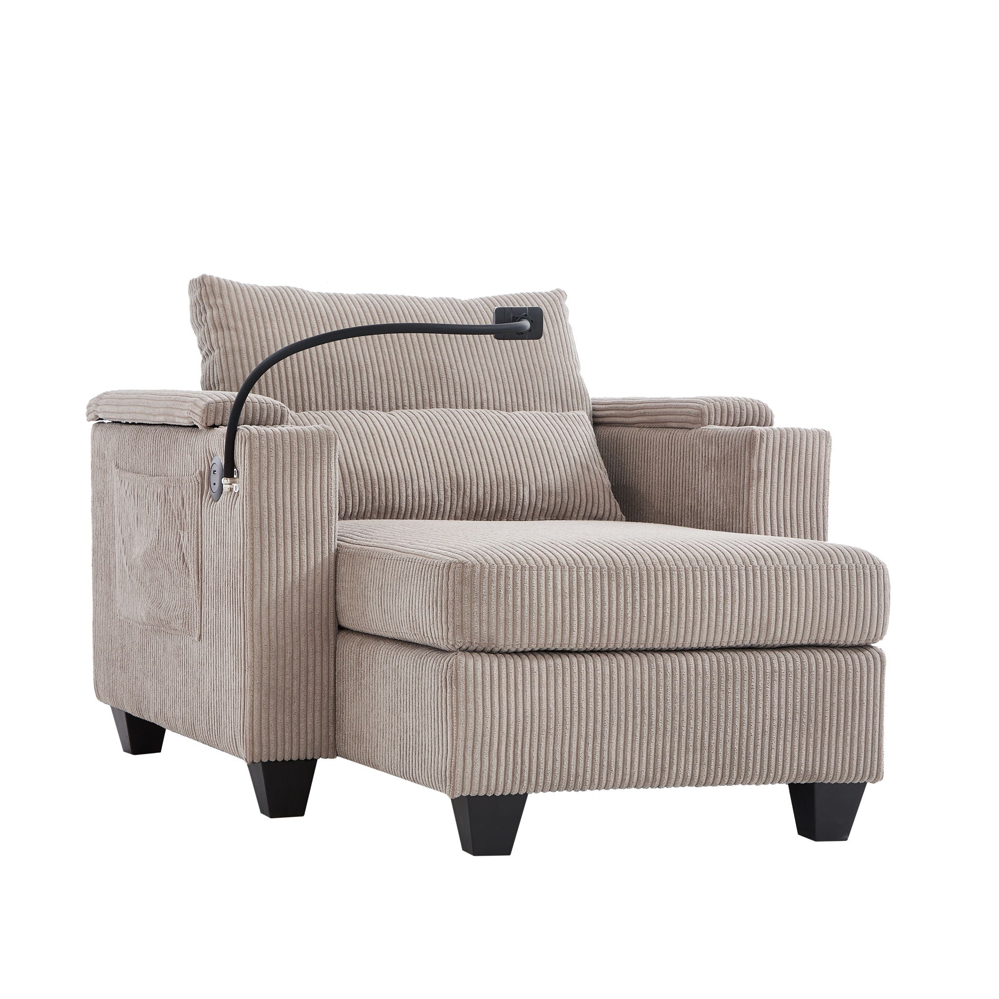 Convertible Chaise Lounge Sofa Chair With USB Ports, Cup Holders, Phone Holder And Storage