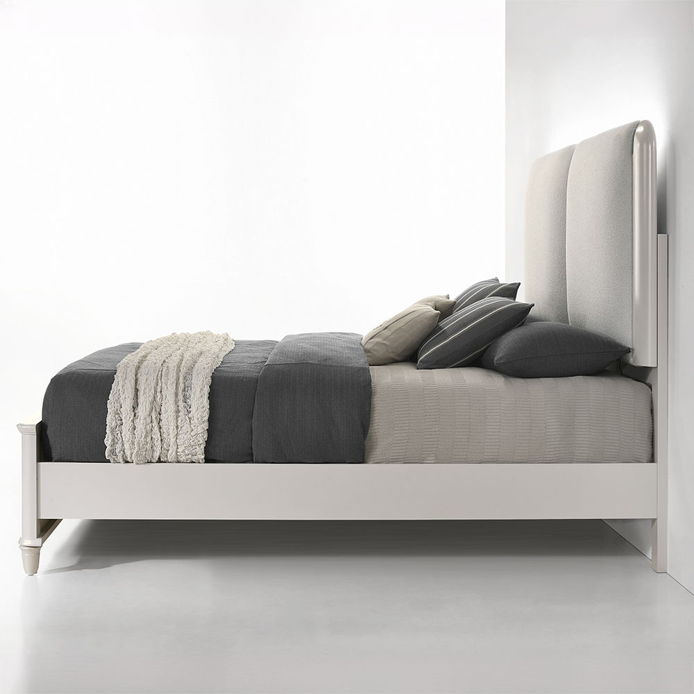 ACME Laveda - Eastern King Bed With LED - Light Gray Boucle & Pearl White Finish | Meri Furniture