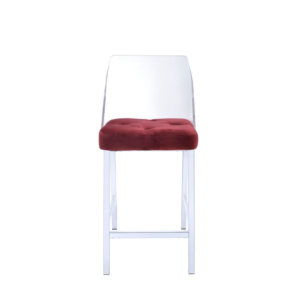 The Nadie II counter height side chairs feature comfortable button tufted seats, with clear Acrylic Bucket Style mid high backrest and tapered legs in a velvet finish.