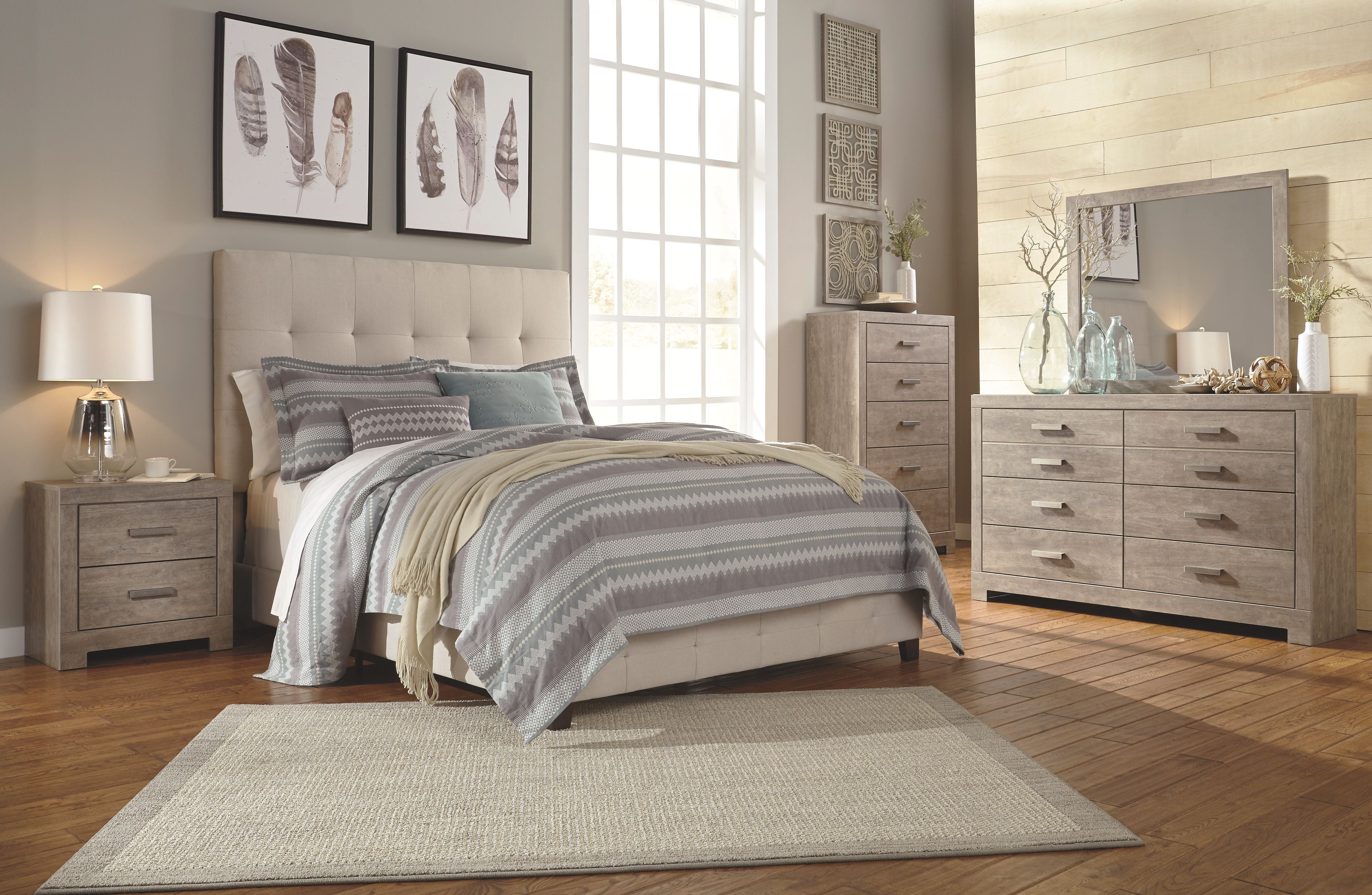 Signature Design by Ashley® Culverbach - Gray - 5 Pc. - Dresser, Mirror, Queen Upholstered Bed, 2 Nightstands | Meri Furniture