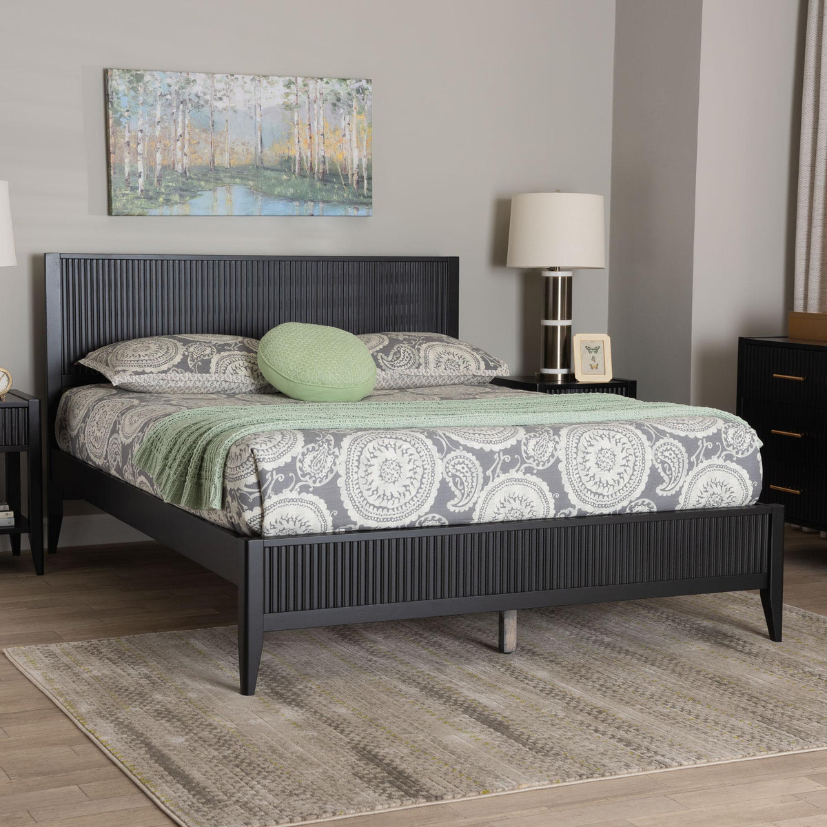 Primrose Mid-Century Black Fluted Wood King Size Platform Bed
