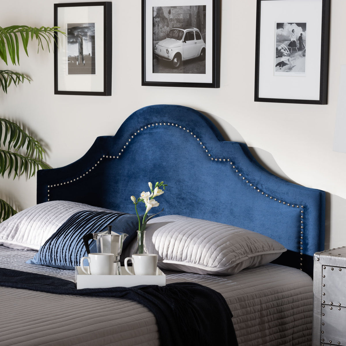 Rita Modern and Contemporary Navy Blue Velvet Fabric Upholstered Full Size Headboard