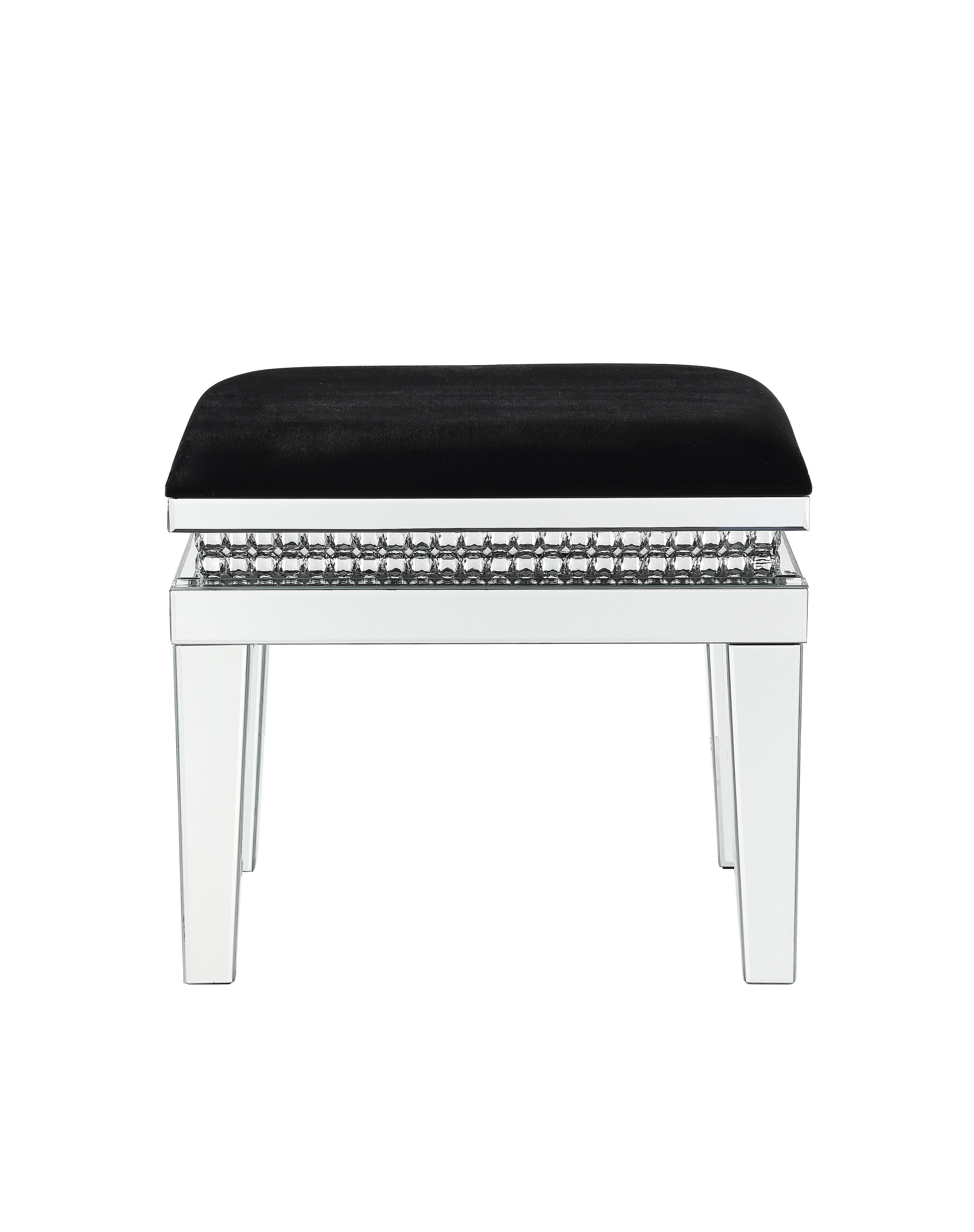 ACME Lotus - Vanity Stool - Black Fabric, Mirrored & Faux Crystals | Meri Furniture