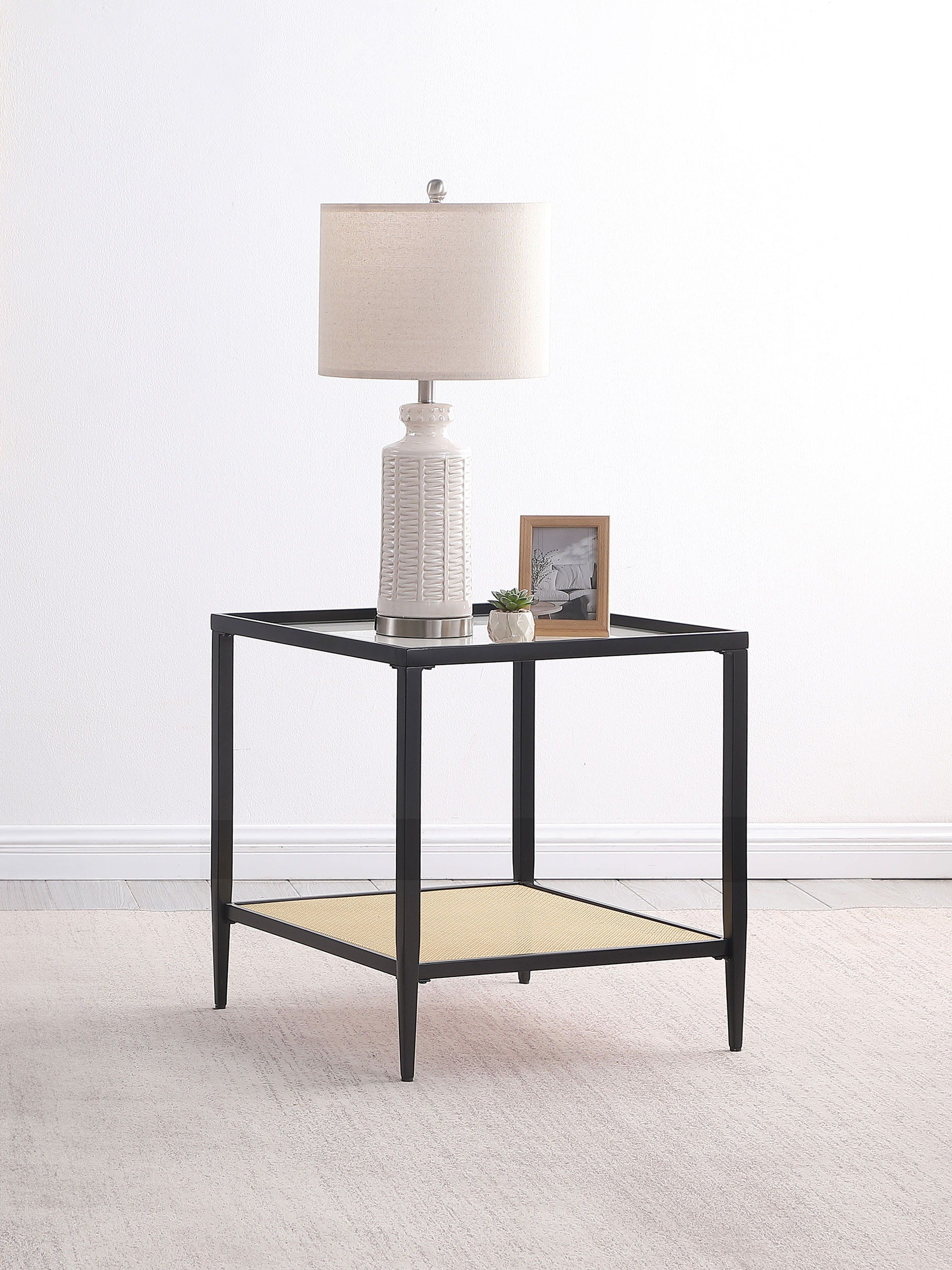 Coaster Fine Furniture Amherst - Glass Top Metal with Cane Shelf End Table - Black | Meri Furniture