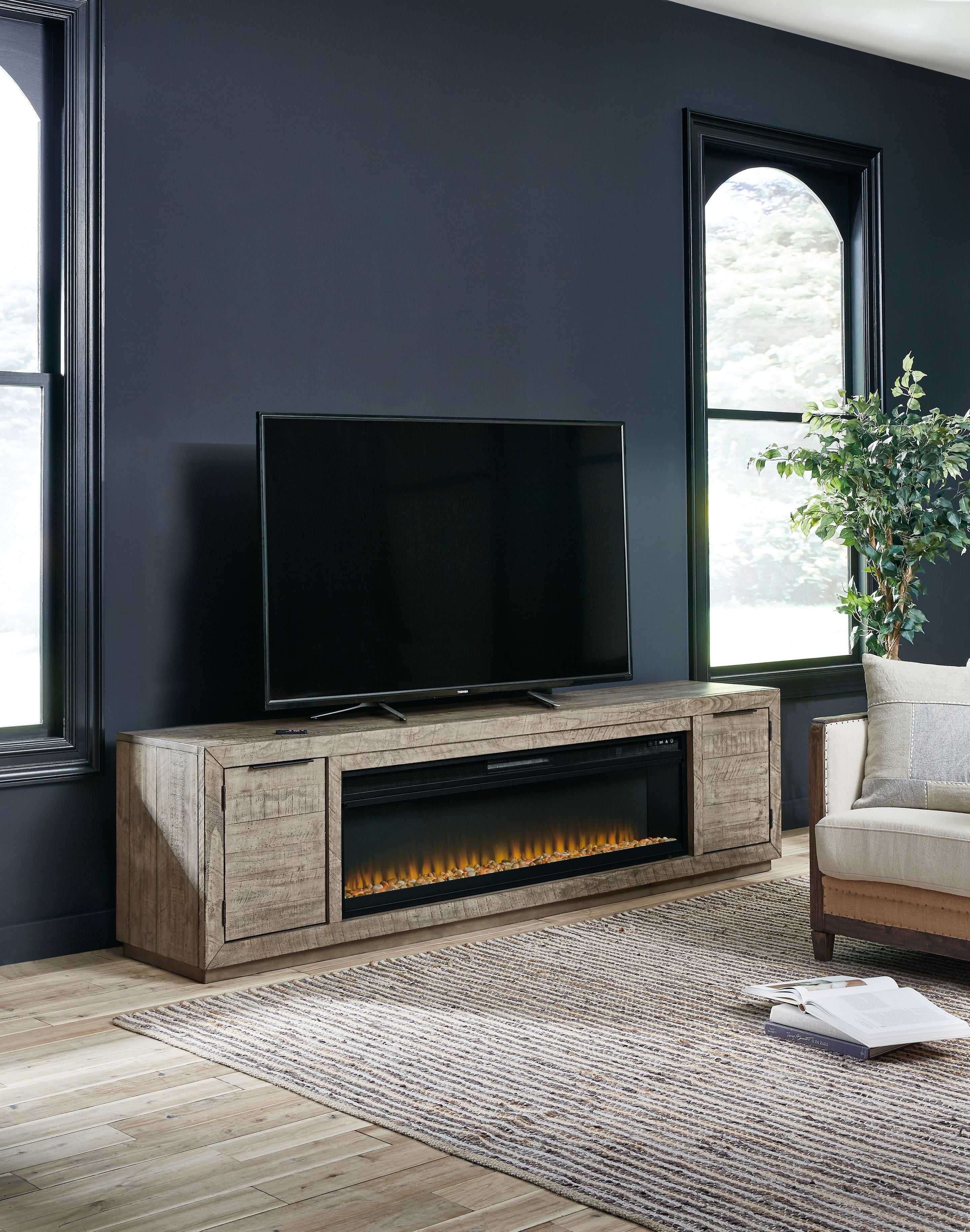 Signature Design by Ashley® Krystanza - Weathered Gray - TV Stand With Wide Fireplace Insert | Meri Furniture