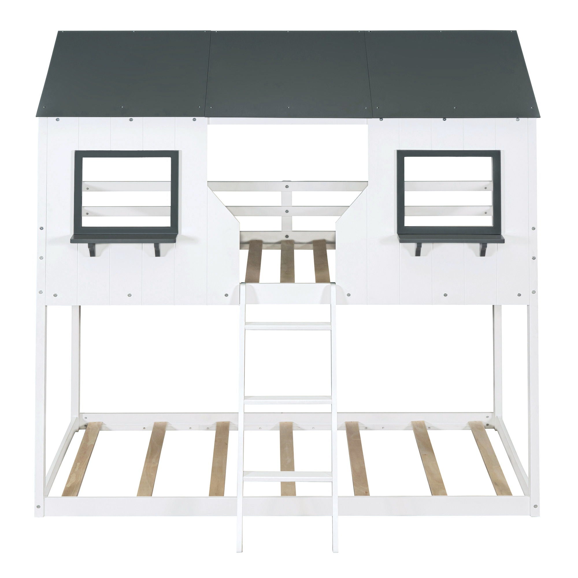 Twin Over Twin Bunk Bed With Roof, Window, Guardrail, Ladder