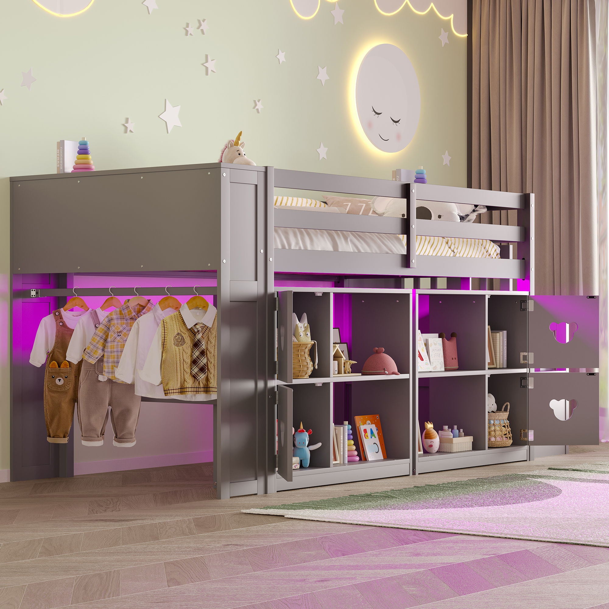 Loft Bed With Storage Cabinets, Staircase Drawers & LED Lights