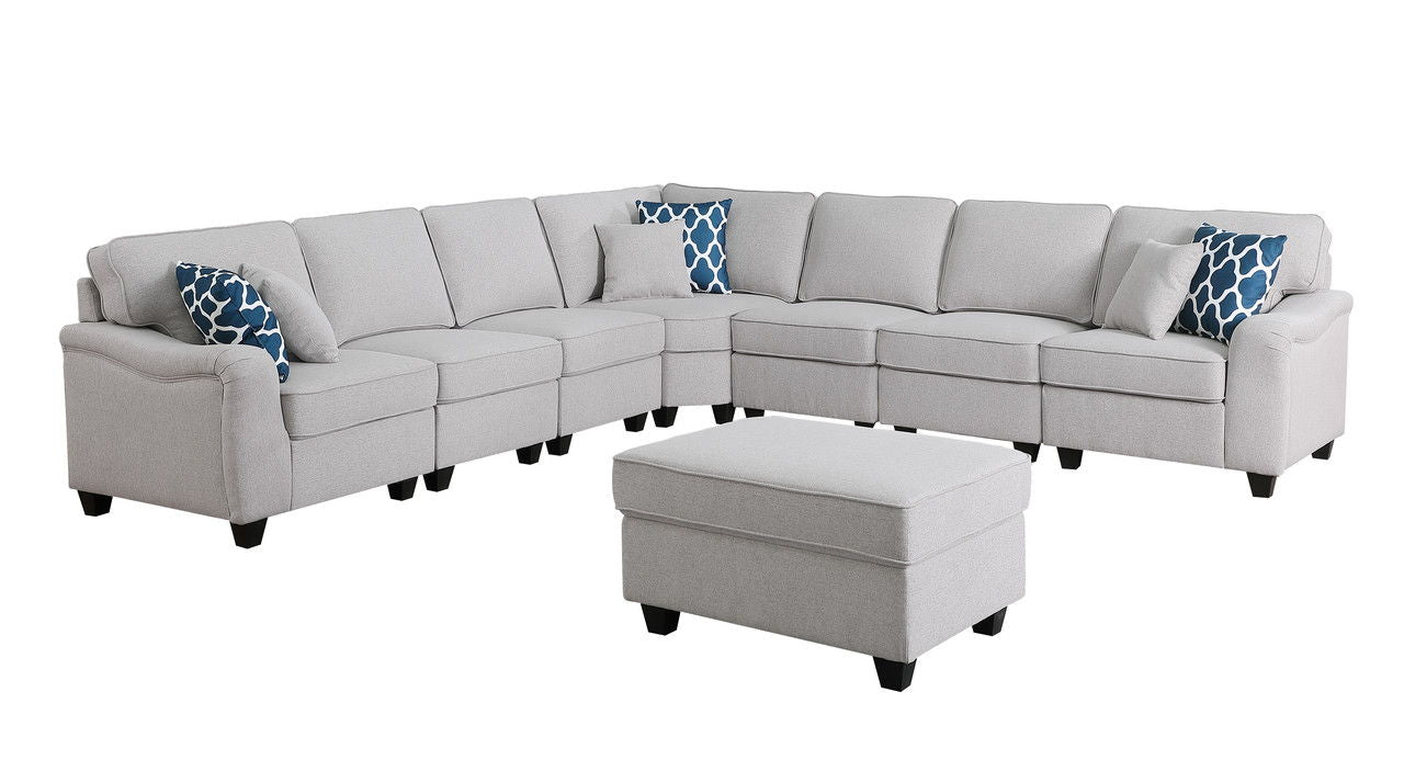 Leo 125"W Light Gray Linen 8Pc Modular L-Shape Sectional Sofa and Ottoman