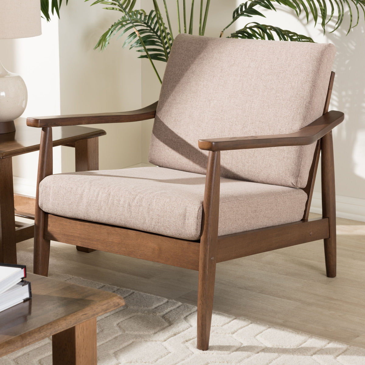 Venza Mid-Century Modern Walnut Wood Light Brown Fabric Upholstered Lounge Chair