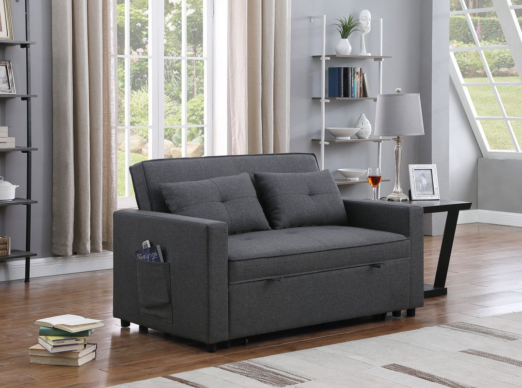 Zoey 56"W Dark Gray Linen Convertible Sleeper Loveseat with Side Pocket