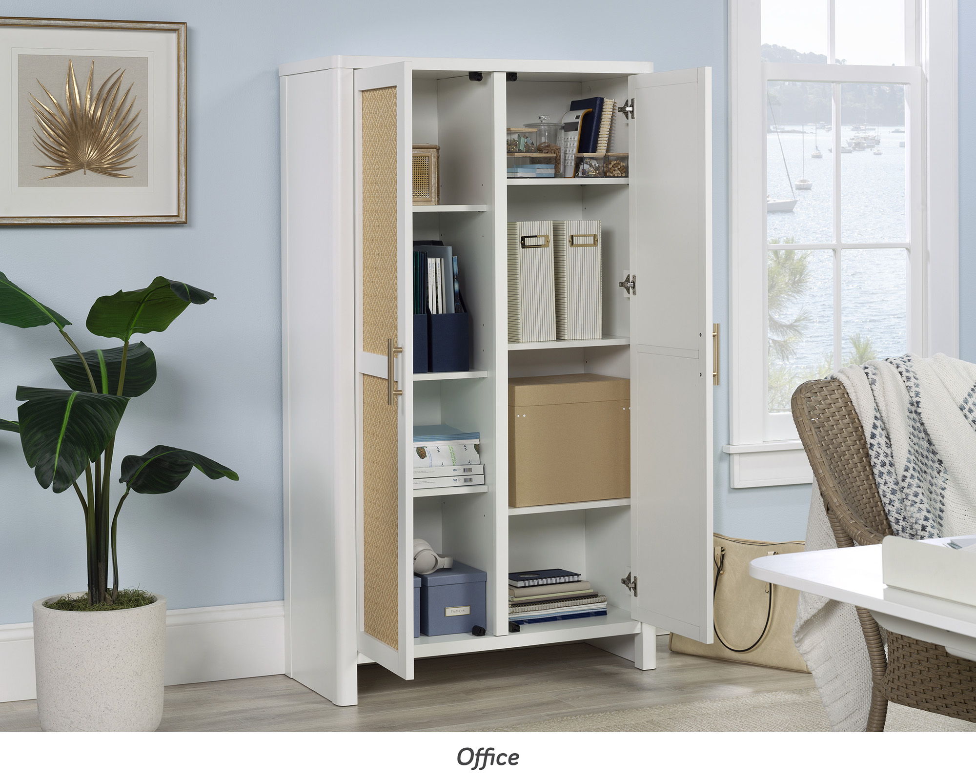 6-Shelf Storage Cabinet in White/Rattan